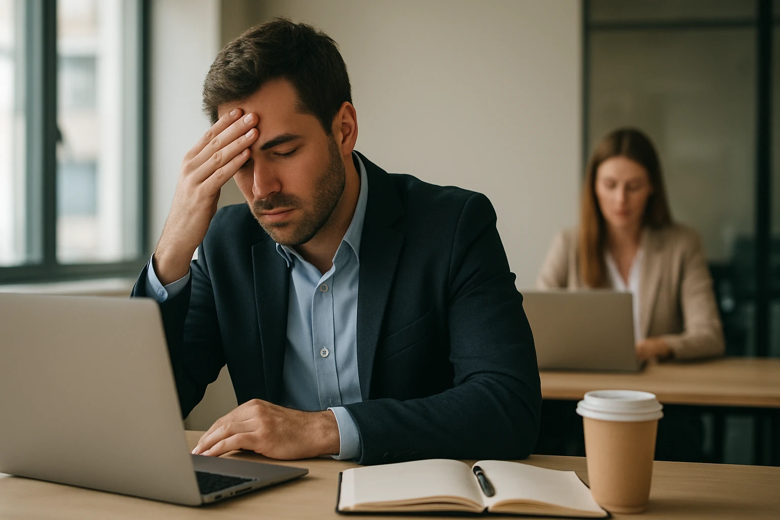 Ein Mann und eine Frau sitzen an einem Tisch und diskutieren über Geschäftszahlen.