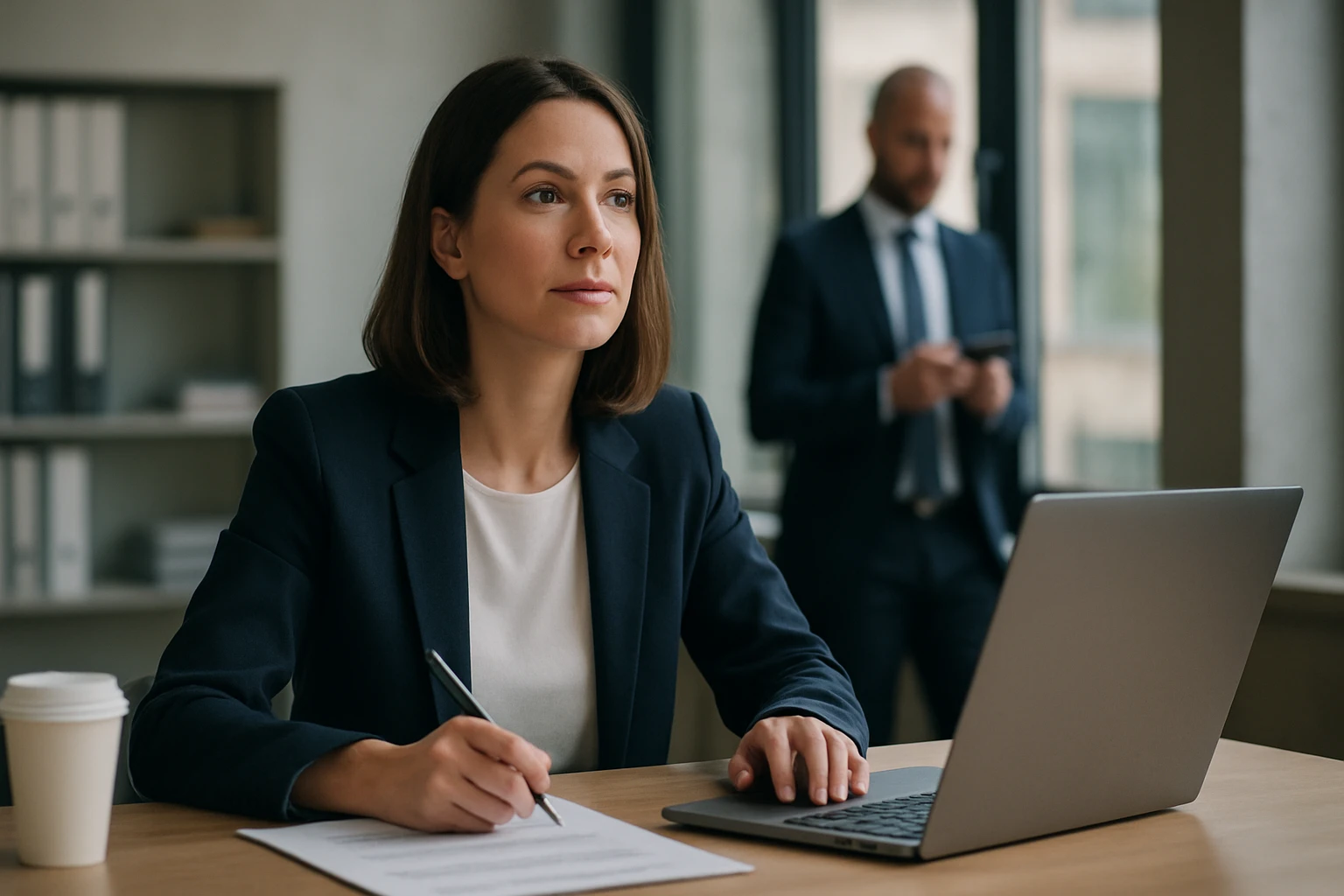 Ein Mann und eine Frau sitzen an einem Tisch und diskutieren über Geschäftszahlen.
