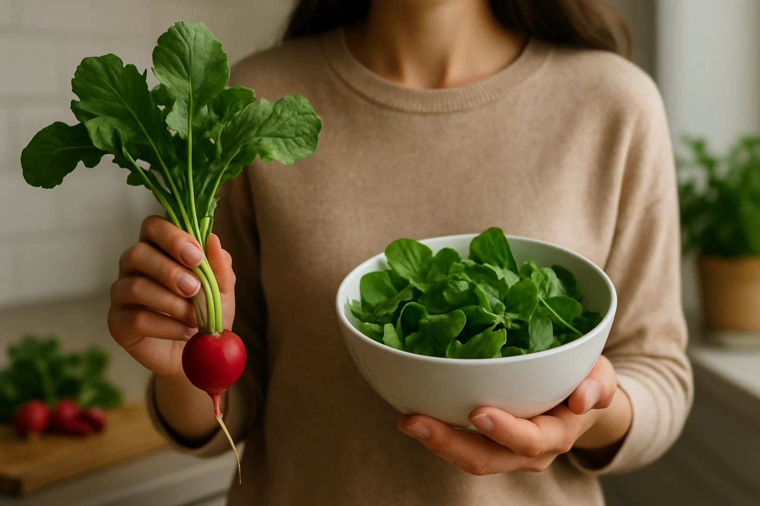 Eine Frau genießt einen frischen, roten Smoothie in einem Glas, während sie an einem Tisch sitzt.