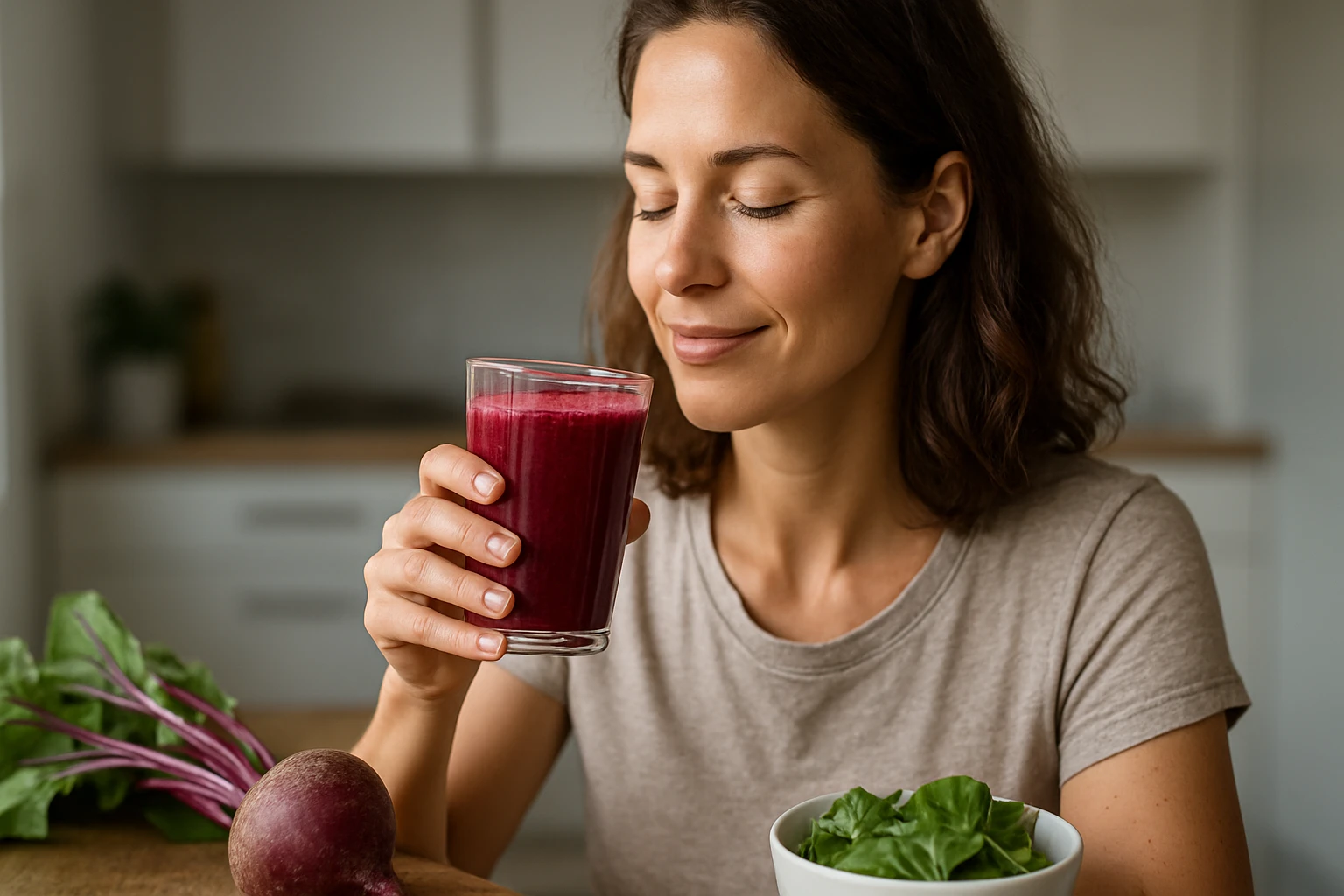 Eine Frau genießt einen frischen, roten Smoothie in einem Glas, während sie an einem Tisch sitzt.