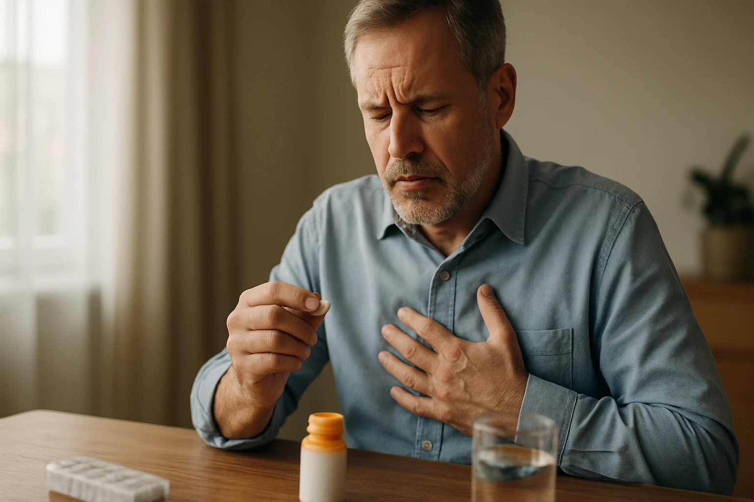 Ein Mann hält eine Tablette in der Hand und zeigt Anzeichen von Unwohlsein.