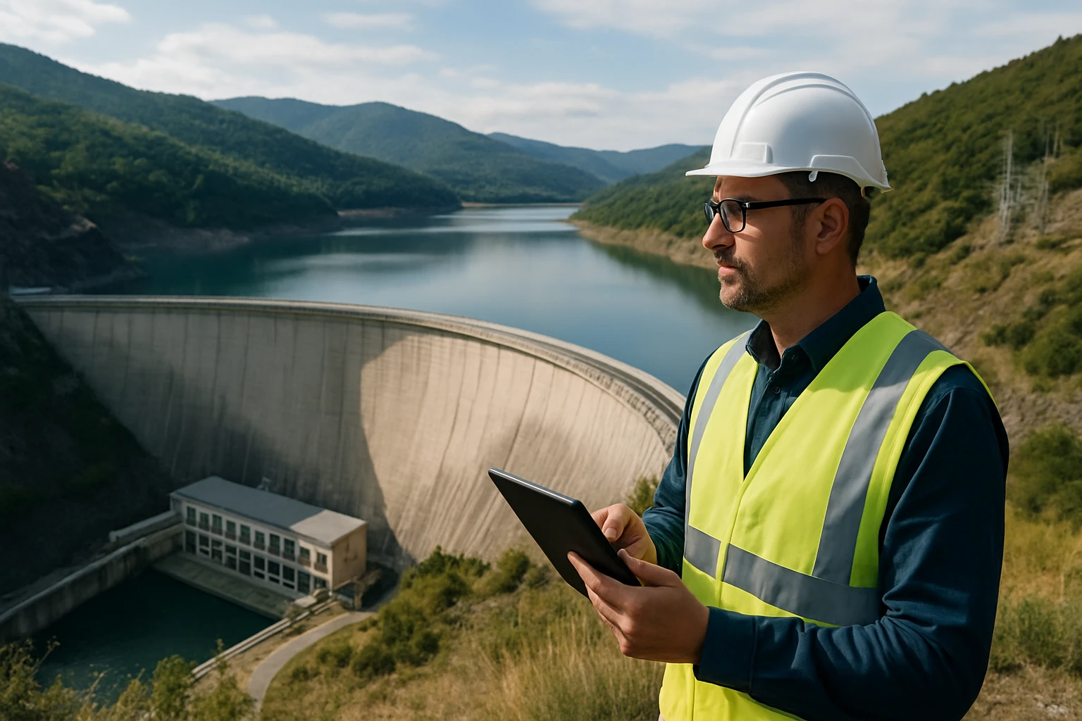 Ein Ingenieur in Sicherheitskleidung steht an einem Staudamm und nutzt ein Tablet.