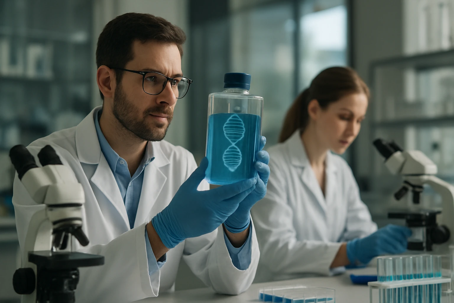 Ein Wissenschaftler in einem Labor hält ein Glas mit blauer Flüssigkeit und DNA-Muster.