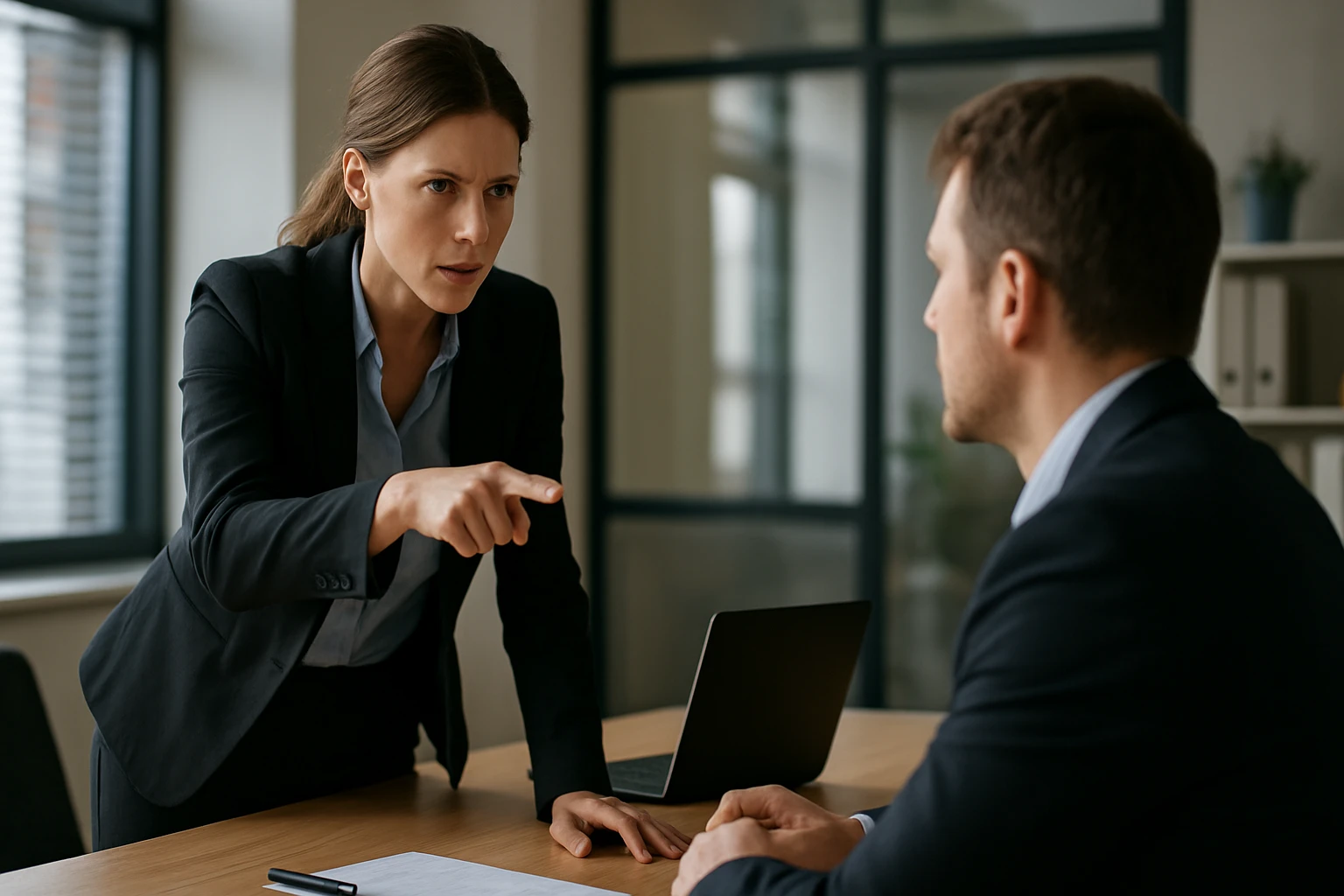 Eine Frau in einem Anzug spricht ernst mit einem Mann am Tisch.