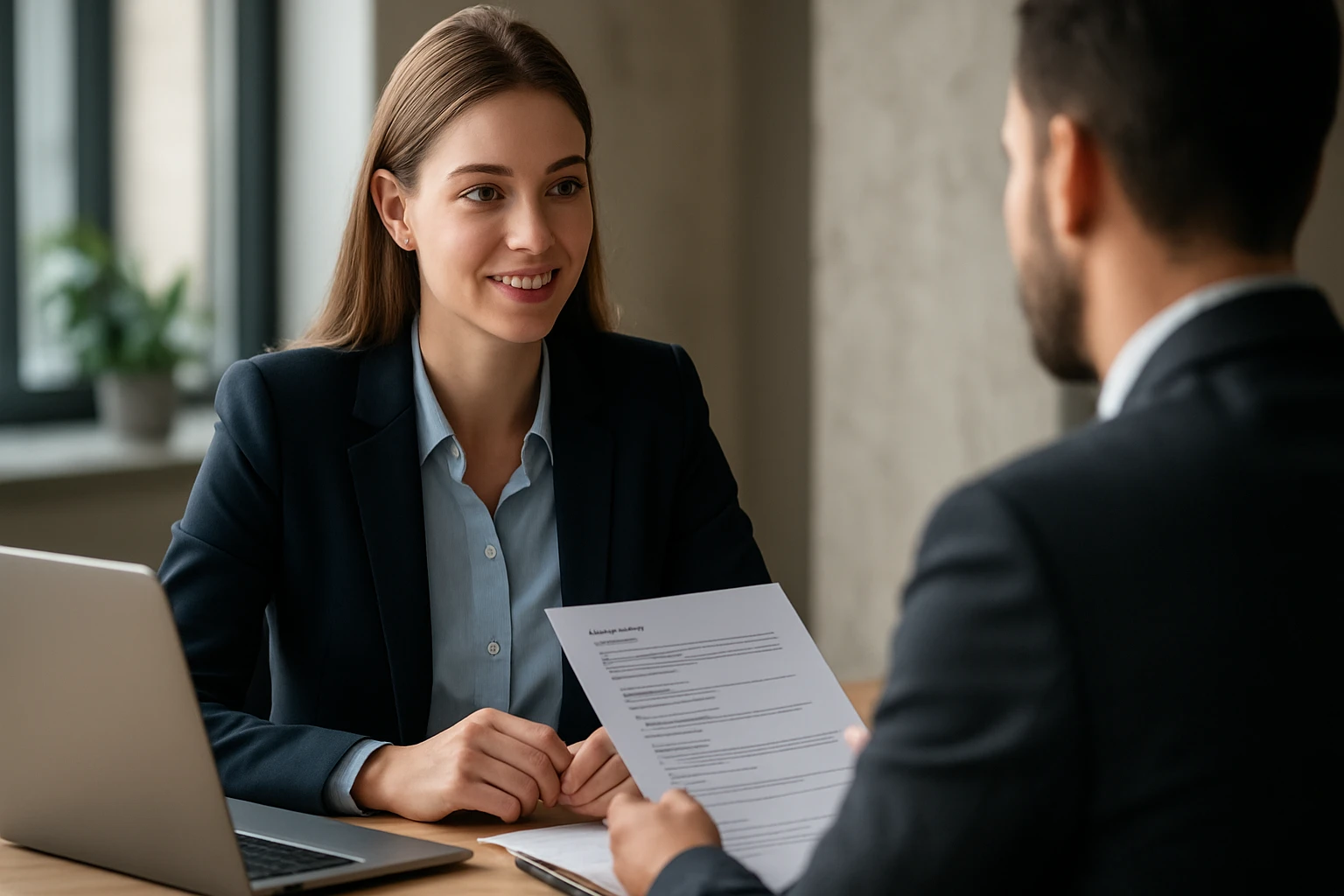Eine Frau in einem Anzug spricht mit ernster Miene mit einem Mann am Tisch.