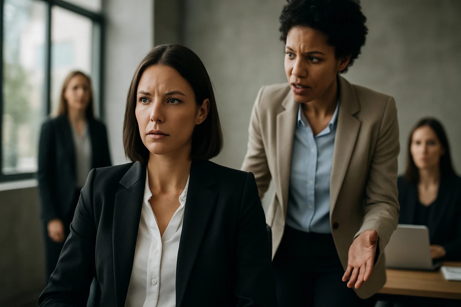 Eine ernste Diskussion zwischen zwei Frauen in Anzügen in einem modernen Büro.
