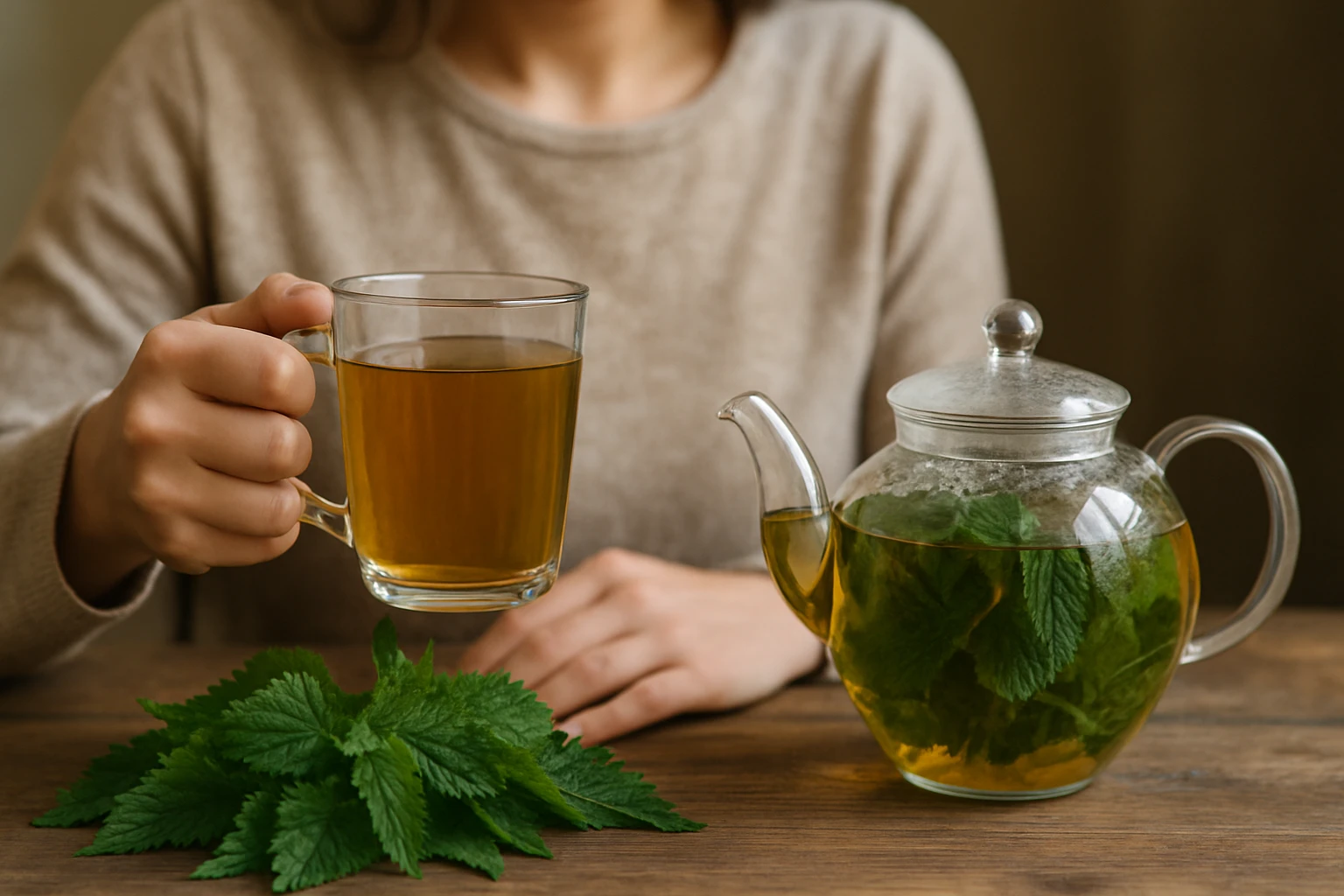 Eine Person hält ein Glas Kräutertee in der Hand, neben einer Teekanne und frischen Kräutern.