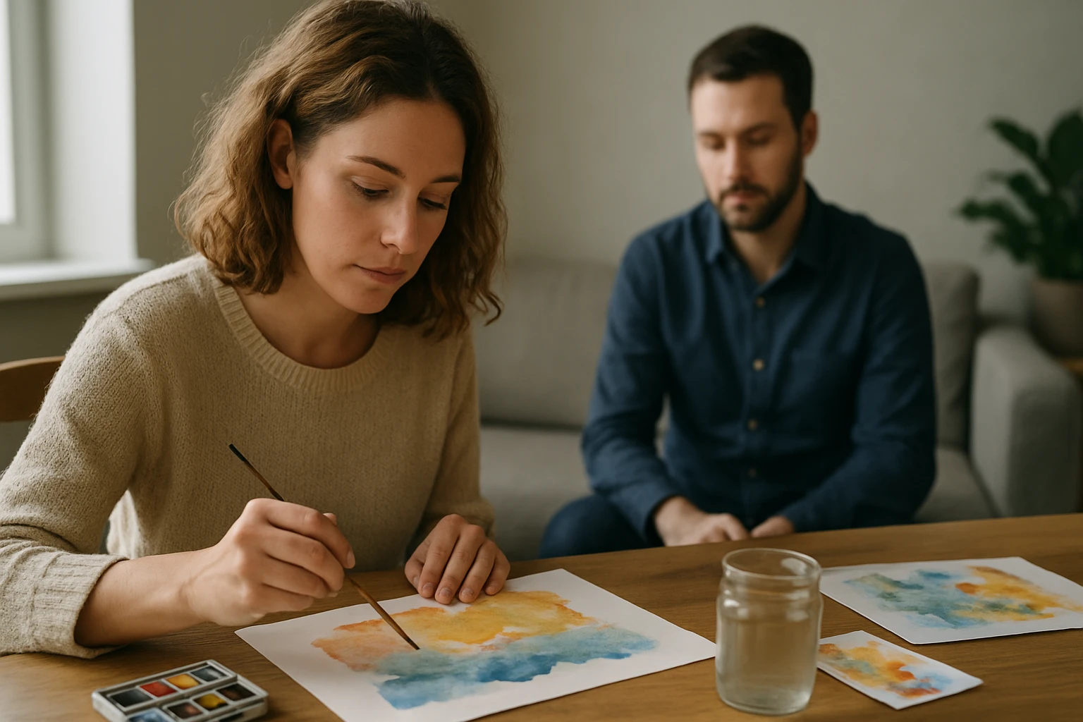 Eine Frau malt mit Wasserfarben an einem Tisch, während ein Mann im Hintergrund sitzt.
