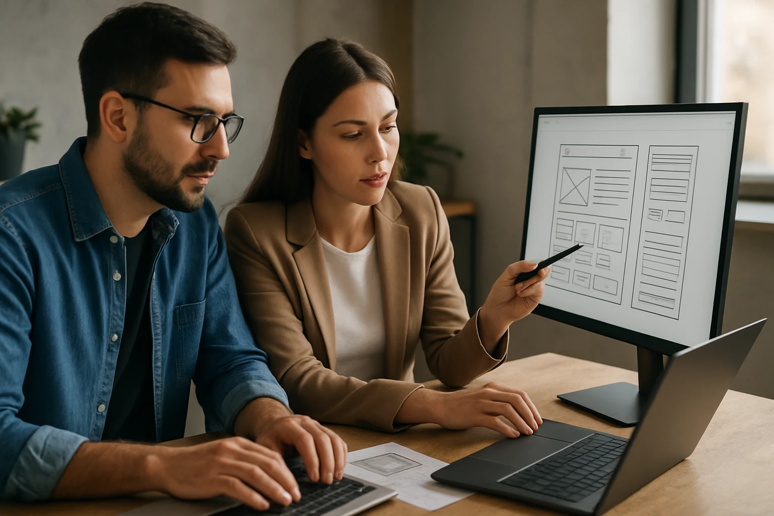 Ein Mann und eine Frau arbeiten gemeinsam an einem Design-Projekt am Tisch.