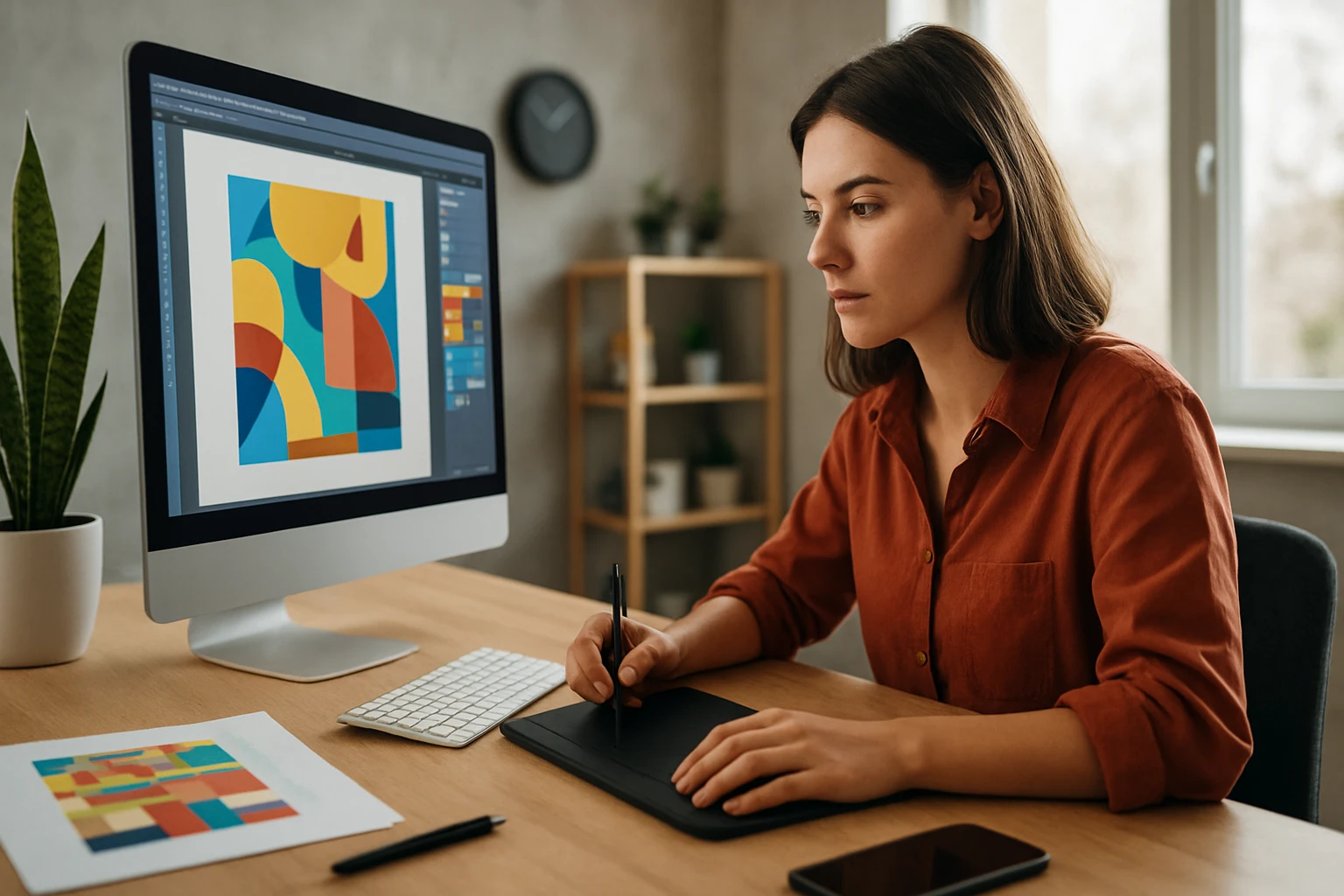 Eine Frau arbeitet konzentriert an einem Grafikdesign-Projekt am Computer.