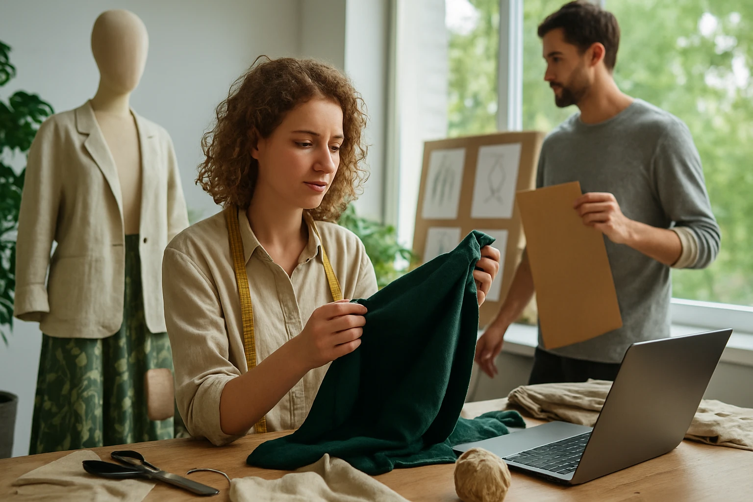 Eine Frau untersucht einen grünen Stoff in einem kreativen Atelier mit einem Laptop.