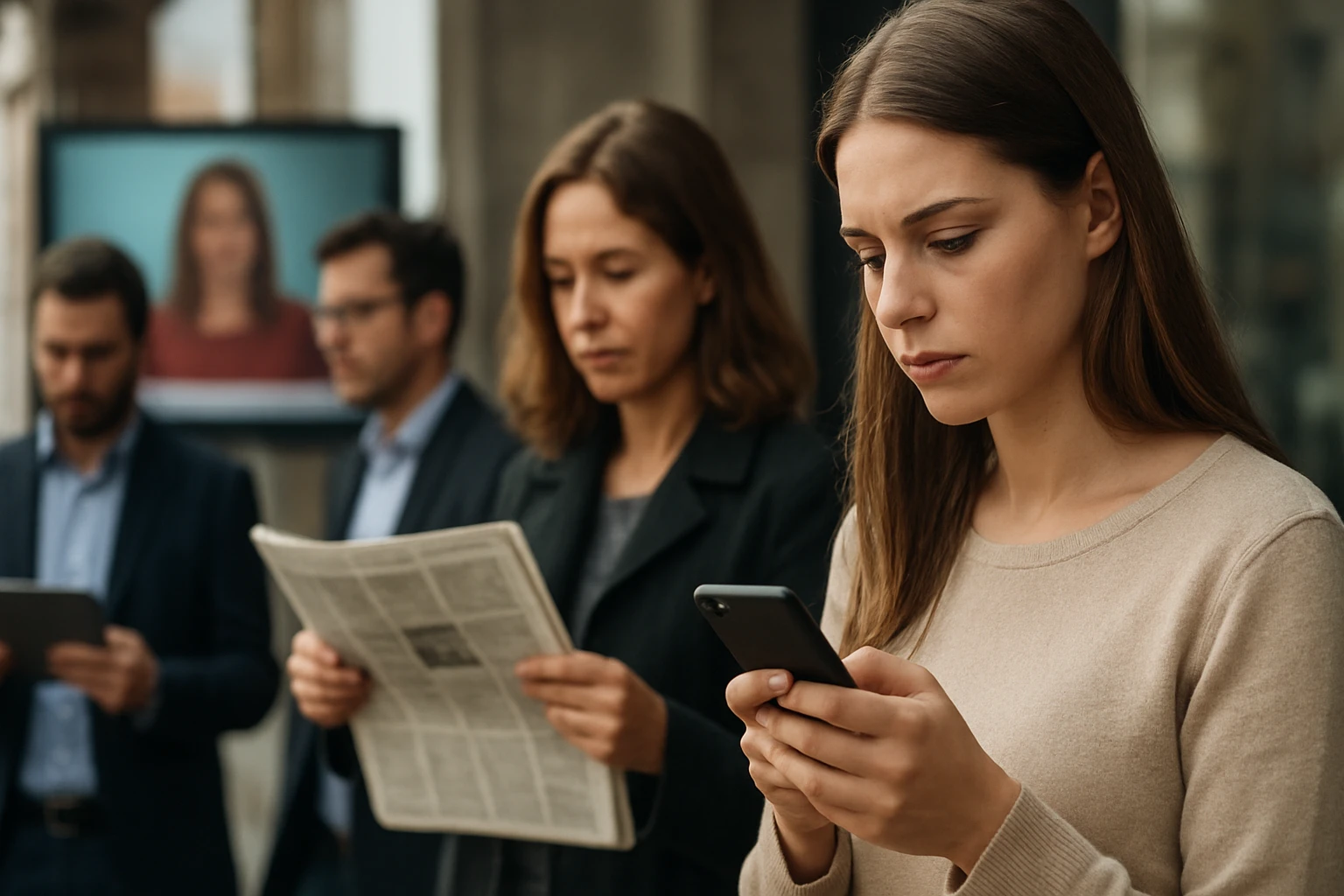 Ein Landwirt nutzt ein Tablet auf einem Feld mit frischen Pflanzen und einem Traktor im Hintergrund.