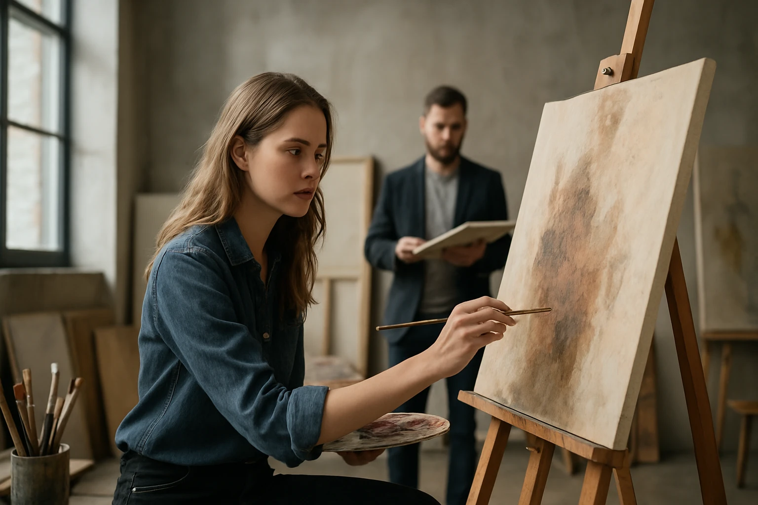 Ein Landwirt nutzt ein Tablet auf einem Feld mit frischen Pflanzen und einem Traktor im Hintergrund.