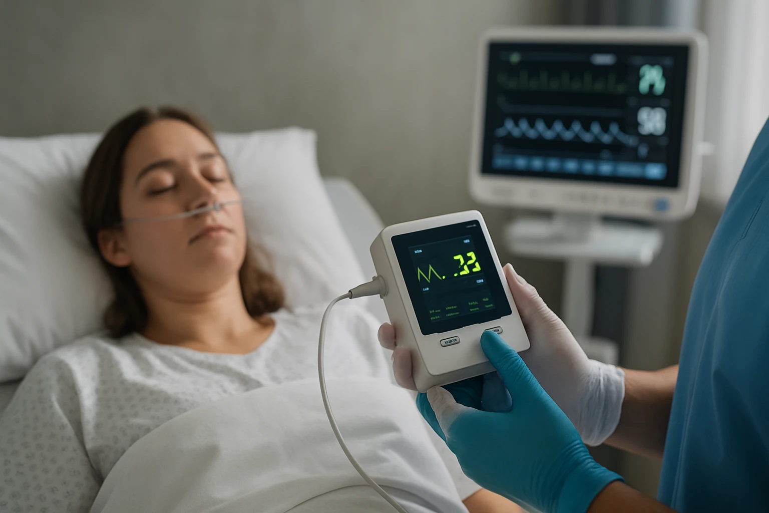 Ein Landwirt nutzt ein Tablet auf einem Feld mit einem Traktor im Hintergrund.