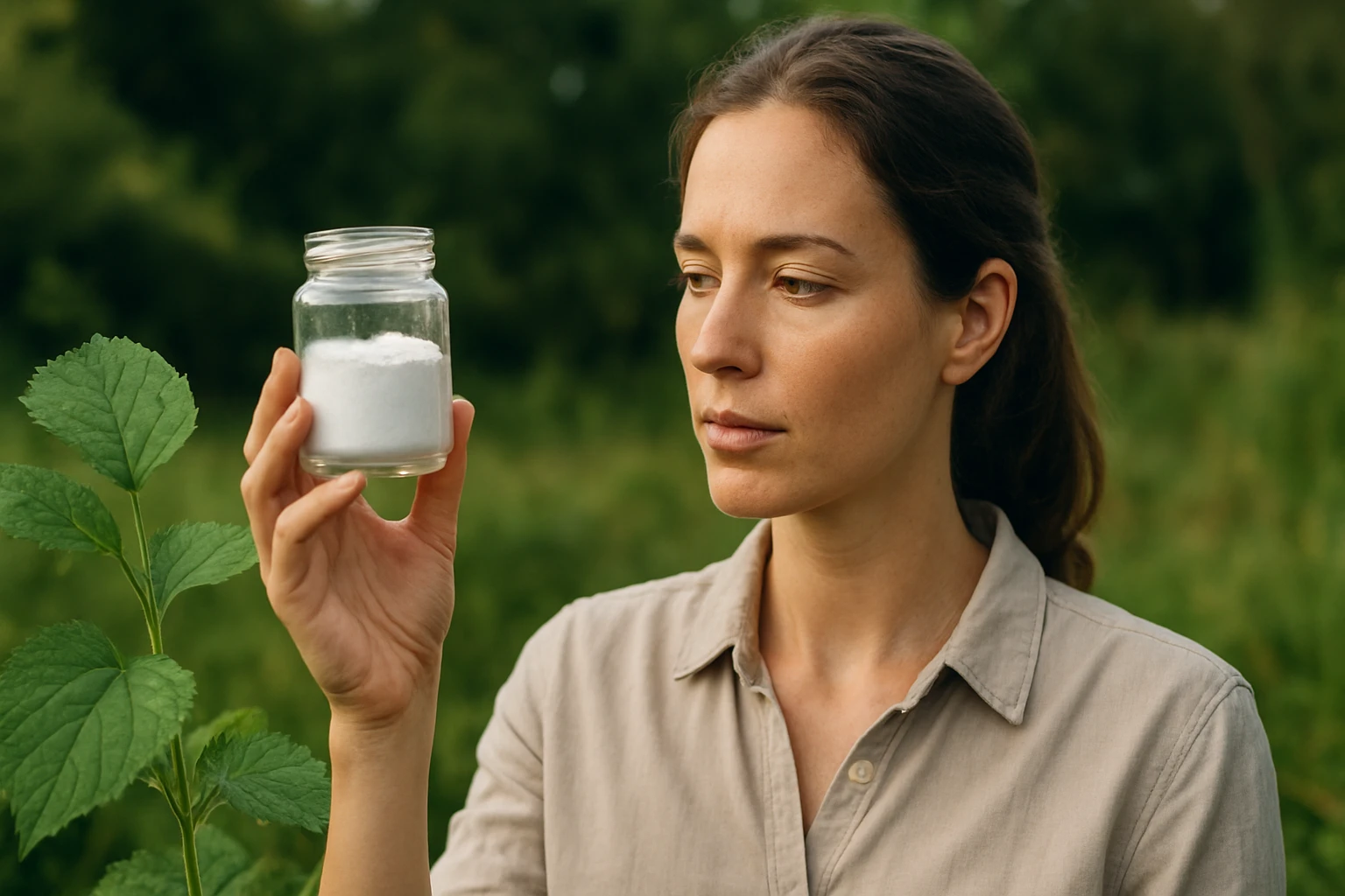 Ein Landwirt nutzt ein Tablet auf einem Feld mit frischen Pflanzen und einem Traktor im Hintergrund.