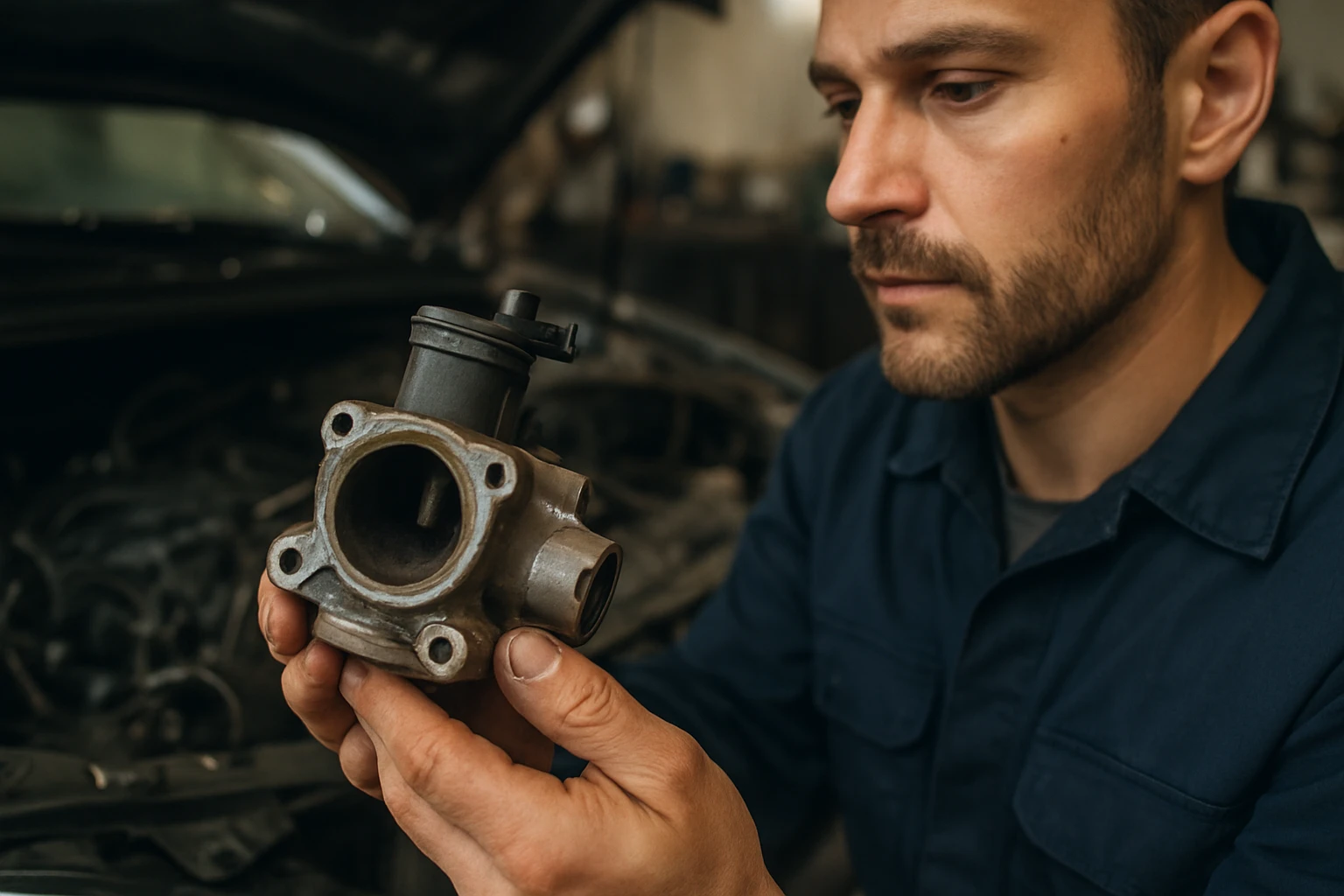 Ein Mechaniker hält ein Auto-Teile in der Hand und prüft es sorgfältig.