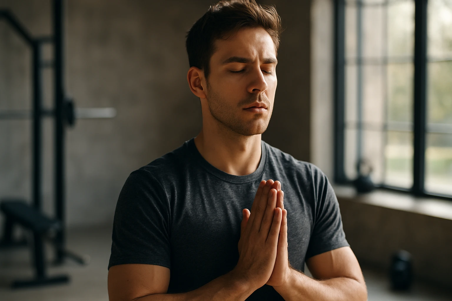 Ein junger Mann meditiert mit geschlossenen Augen und gefalteten Händen.