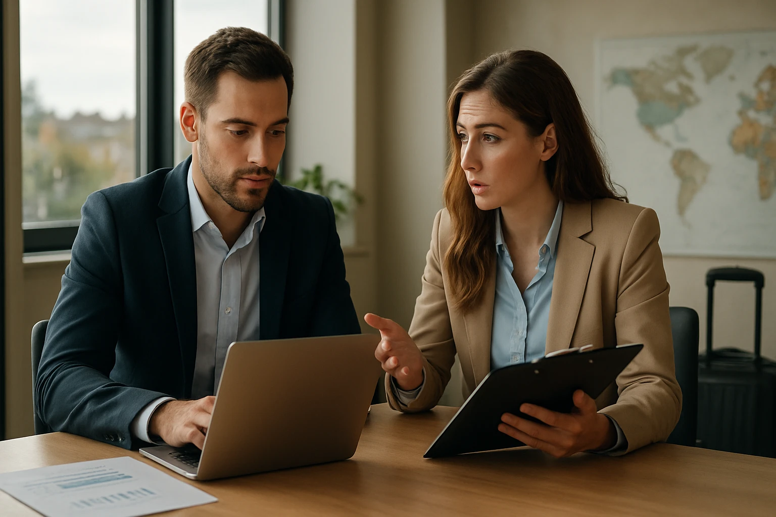 Eine Frau in einem Anzug und Helm arbeitet am Laptop in einer Fabrik mit Robotern.