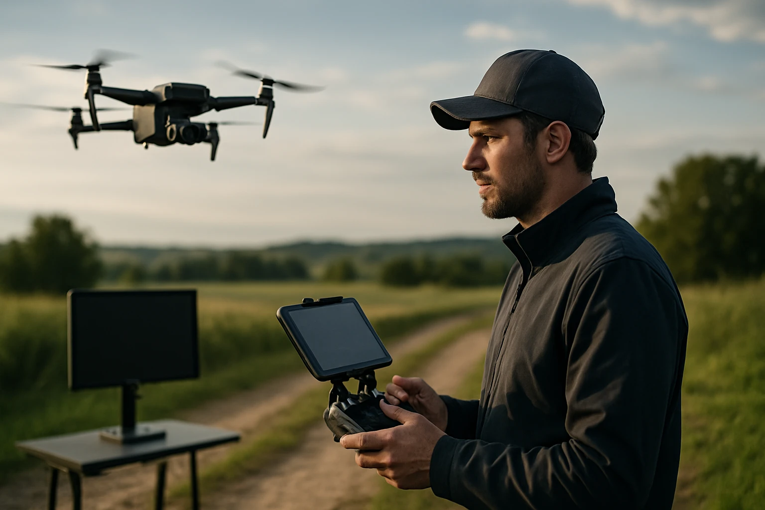 Ein Landwirt nutzt ein Tablet auf einem Feld mit einem Traktor im Hintergrund.