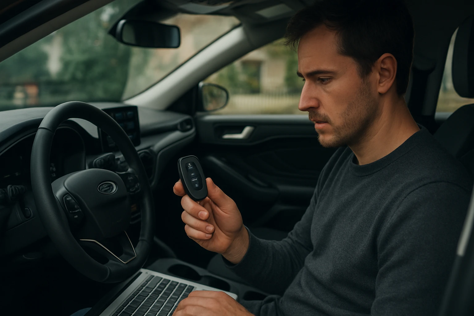 Ein Landwirt nutzt ein Tablet auf einem Feld mit einem Traktor im Hintergrund.