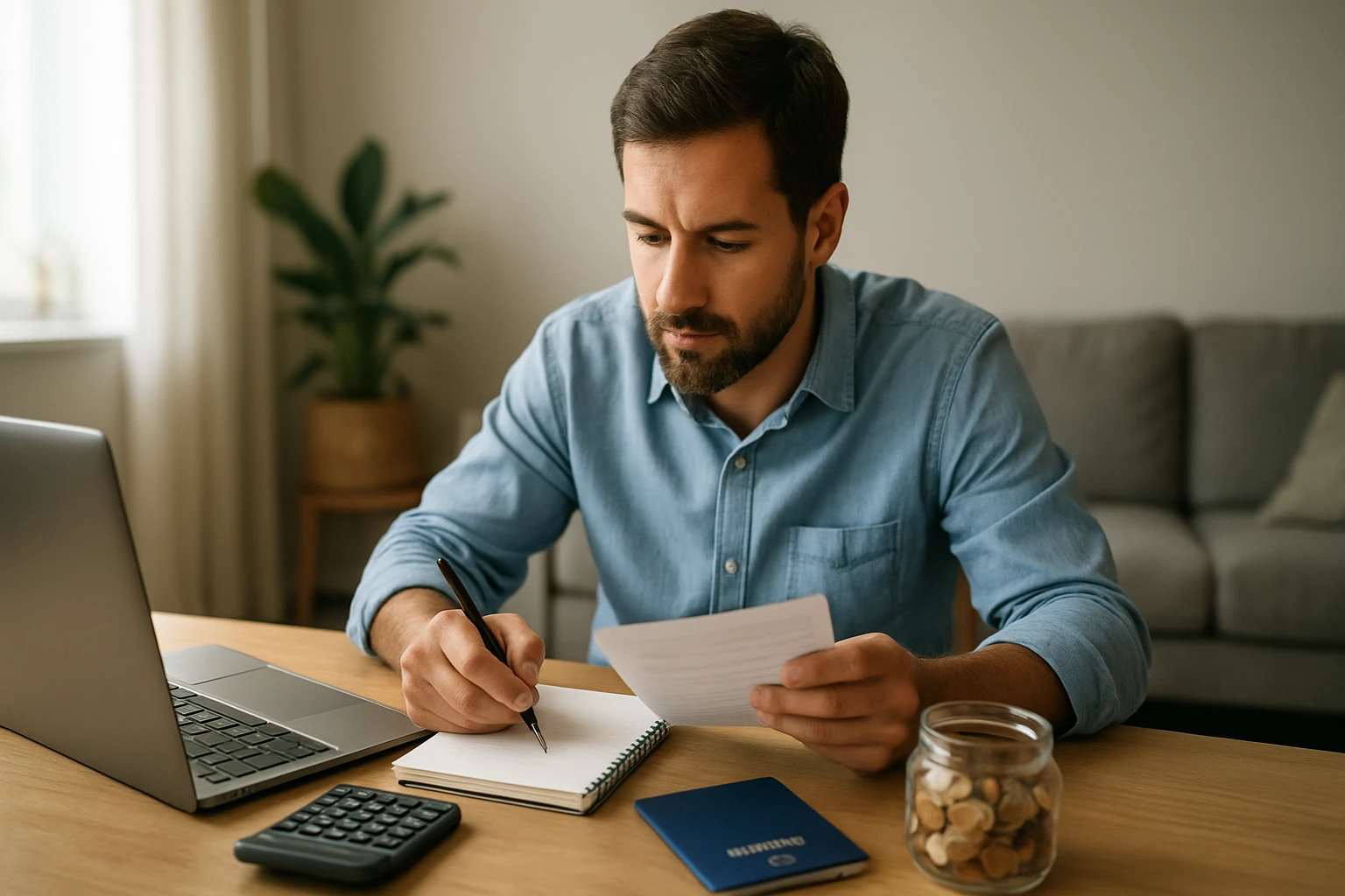 Ein Landwirt nutzt ein Tablet auf einem Feld mit einem Traktor im Hintergrund.