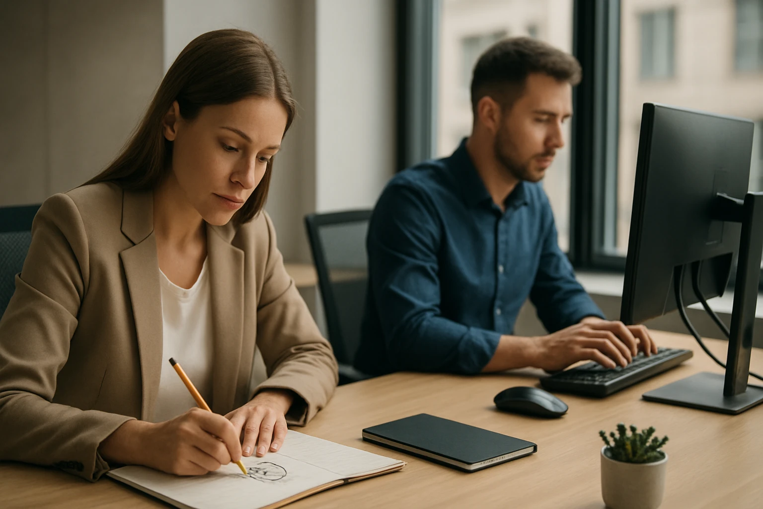Eine Frau in einem Anzug und einem Schutzhelm arbeitet an einem Laptop in einer Fabrik.