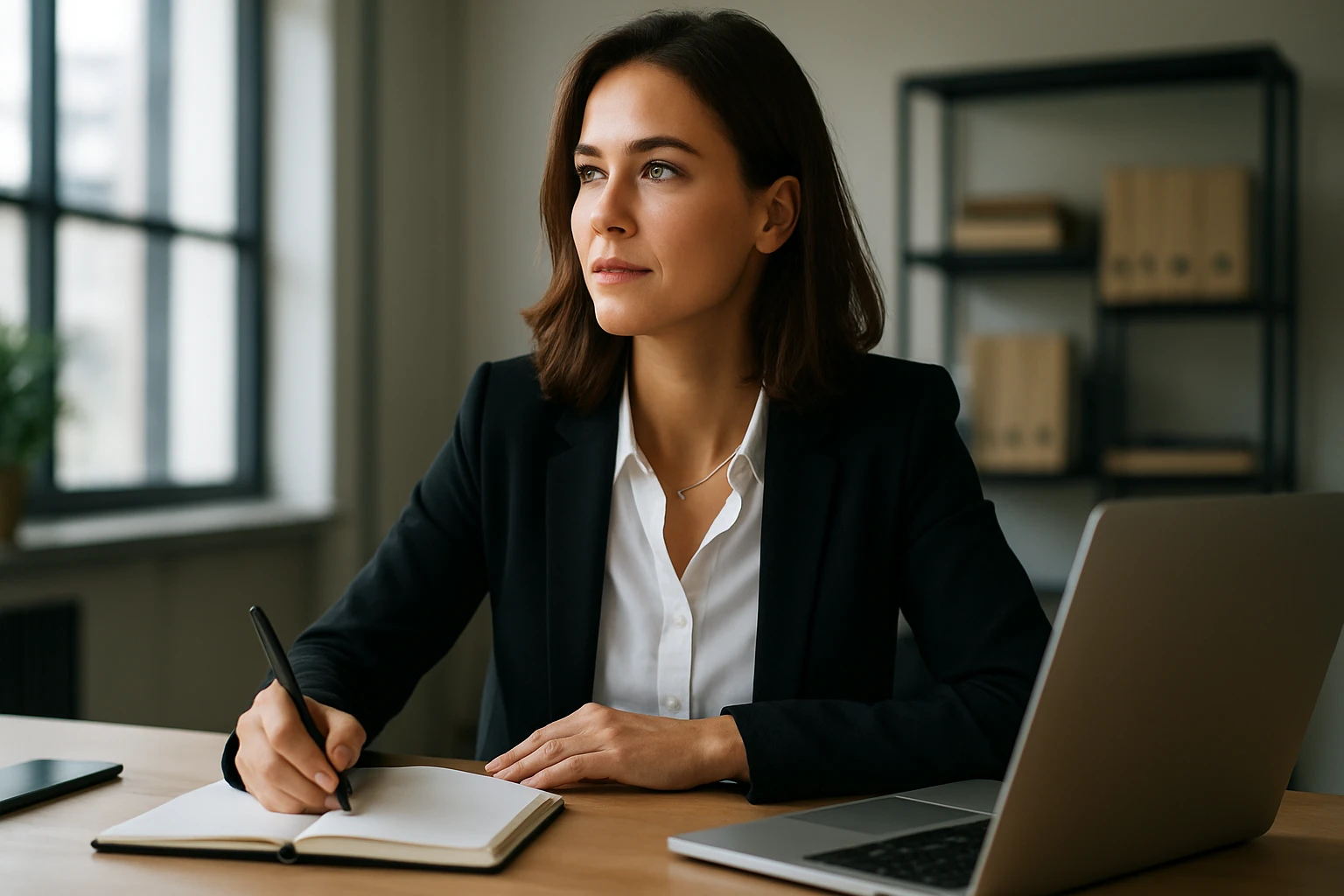 Eine Frau in einem Anzug und Helm arbeitet am Laptop in einer Fabrik mit Robotern.
