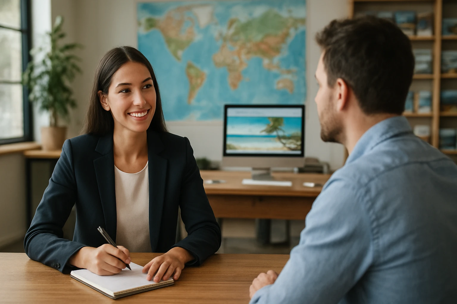 Eine Frau in einem Anzug und Helm arbeitet am Laptop in einer Fabrik mit Robotern.