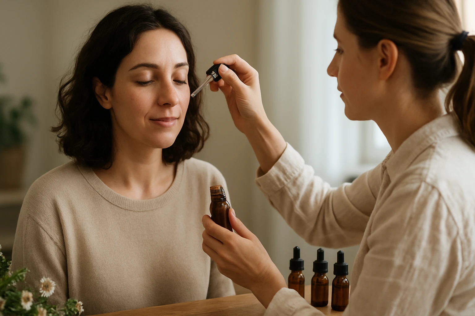 Eine Frau in einem Anzug und Helm arbeitet am Laptop in einer Fabrik mit Robotern.