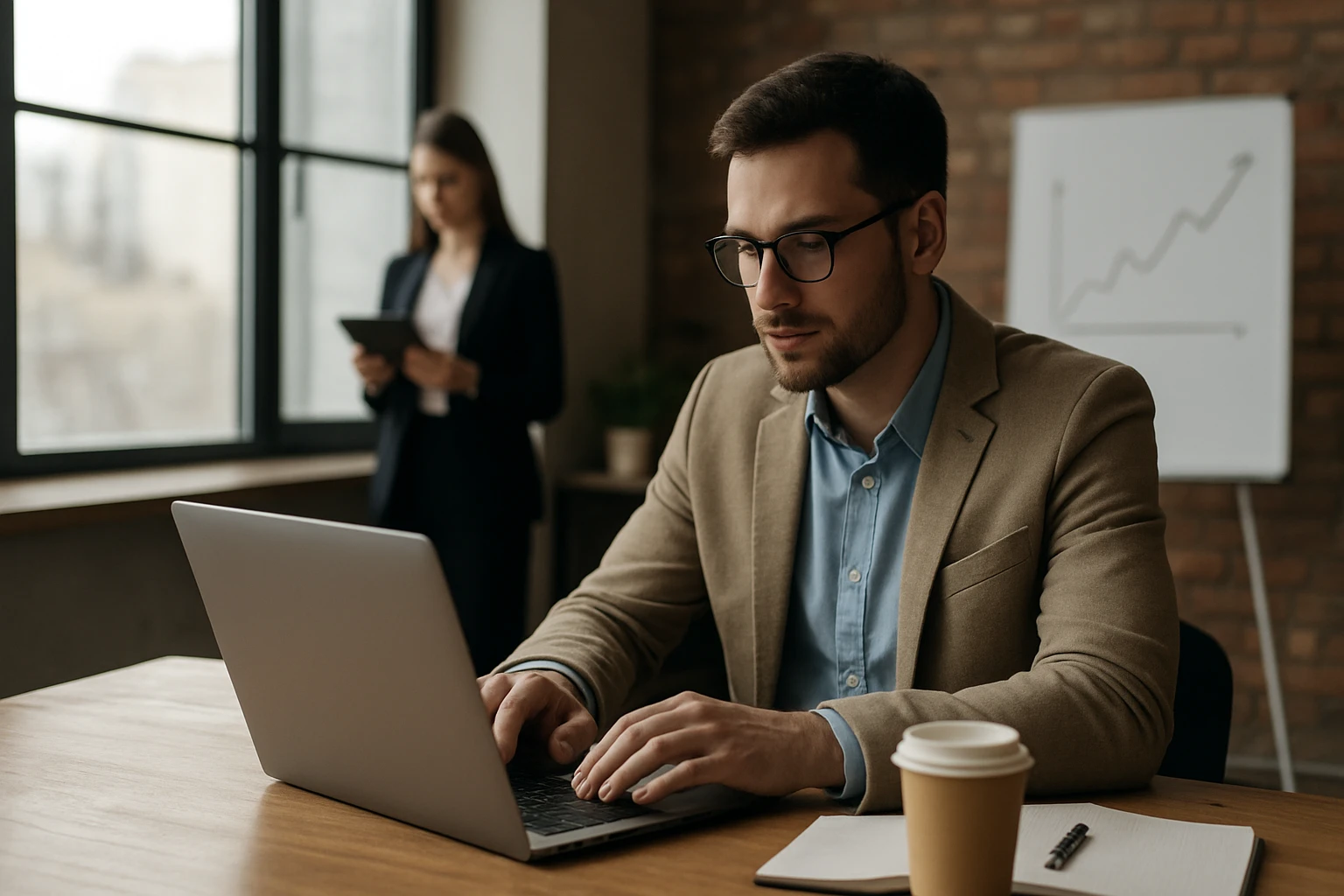 Eine Frau in einem Anzug und Helm arbeitet am Laptop in einer Fabrik.