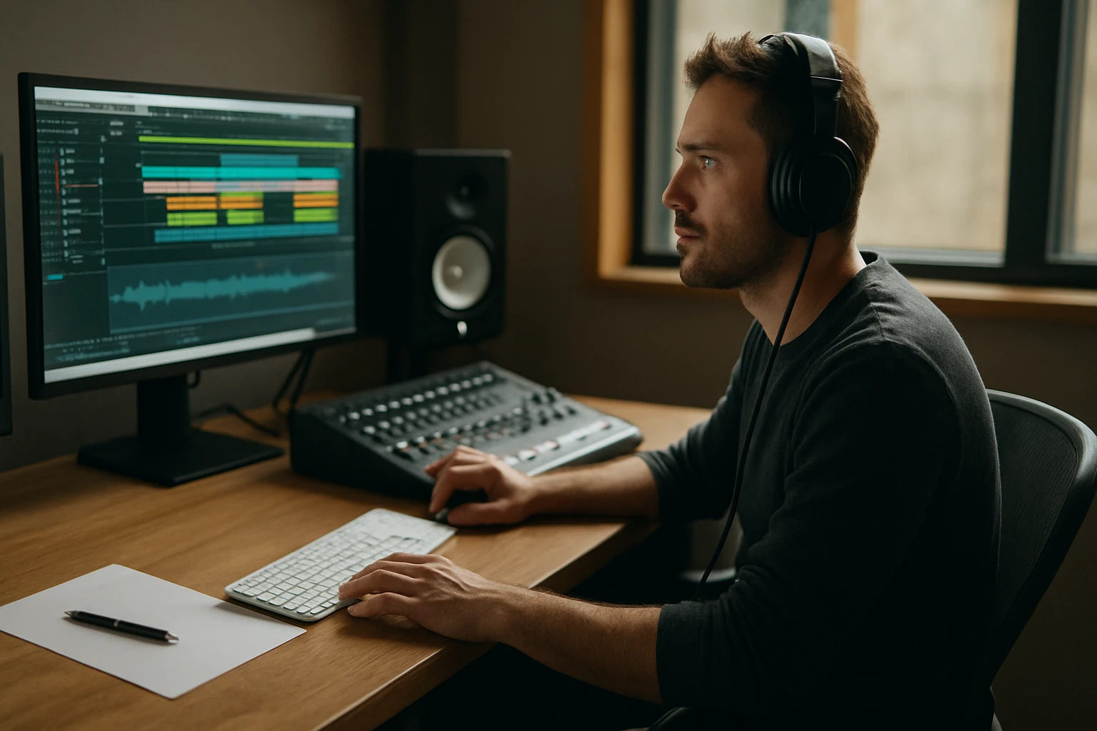 Ein Mann arbeitet konzentriert an einem Computer mit Musiksoftware und Kopfhörern.