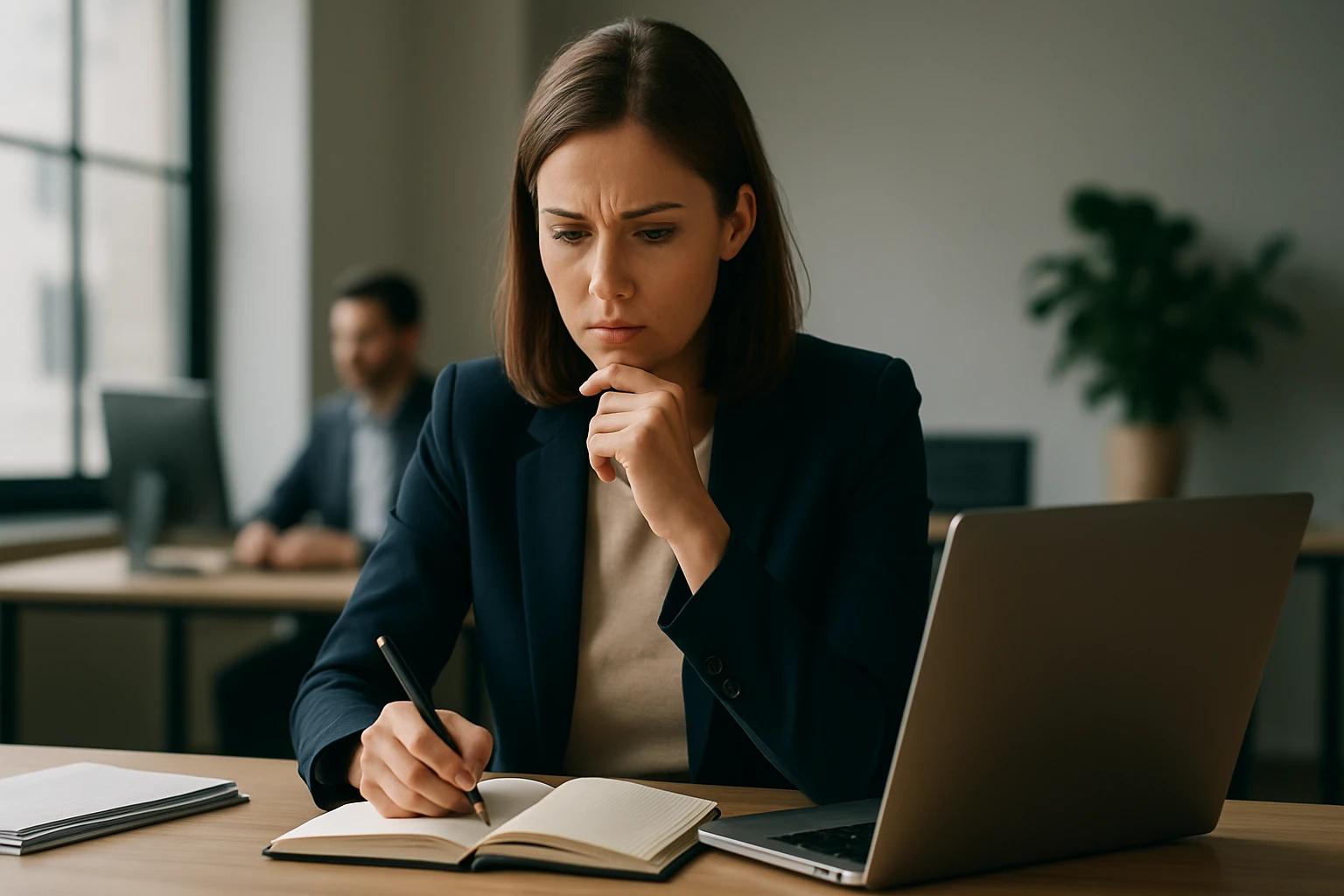 Eine nachdenkliche Frau in einem Anzug, die in ein Notizbuch schreibt.