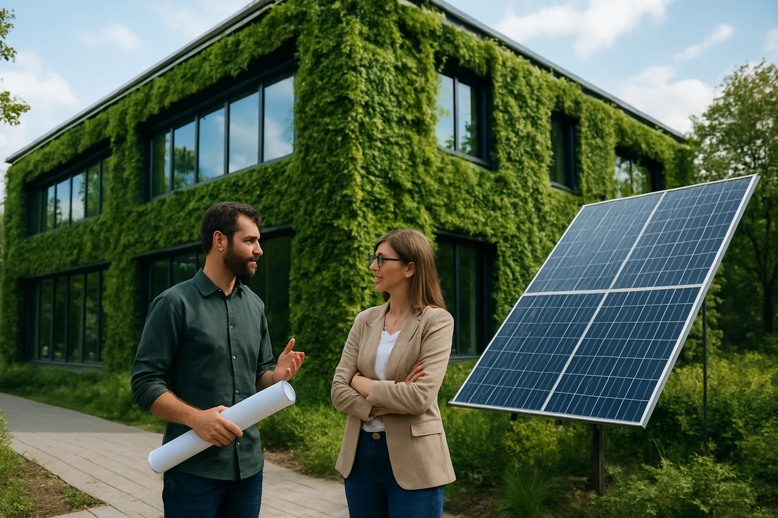Zwei Personen diskutieren vor einem mit Pflanzen bewachsenen Gebäude und Solarpanel.