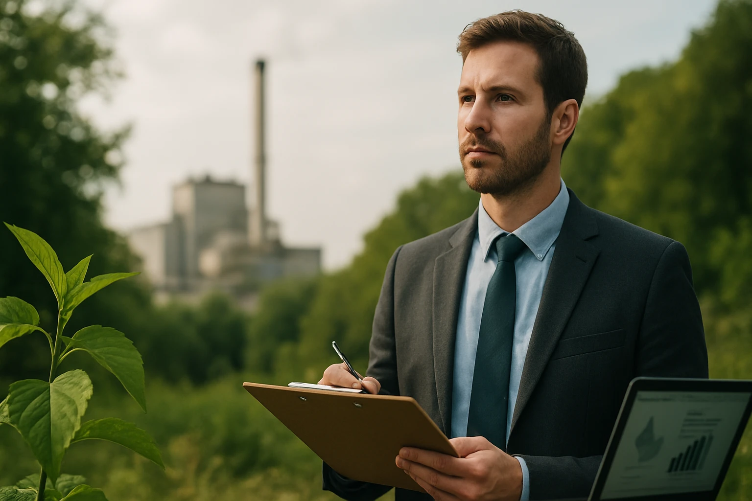 Ein Mann in Anzug hält ein Notizbuch und schaut nachdenklich in die Ferne, während eine Fabrik im Hintergrund sichtbar ist.