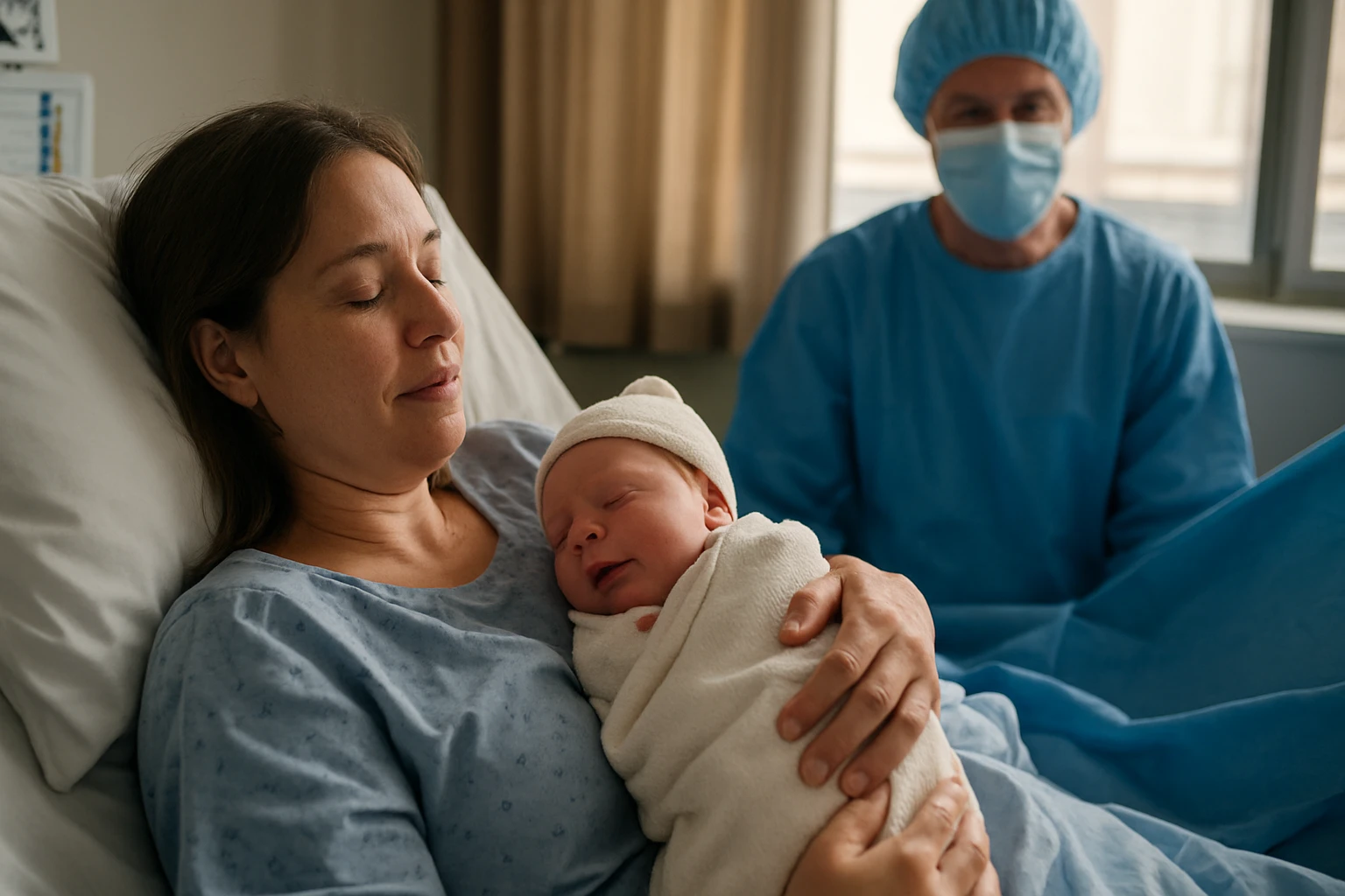 Eine Mutter hält ihr neugeborenes Baby in einem Krankenhausbett.