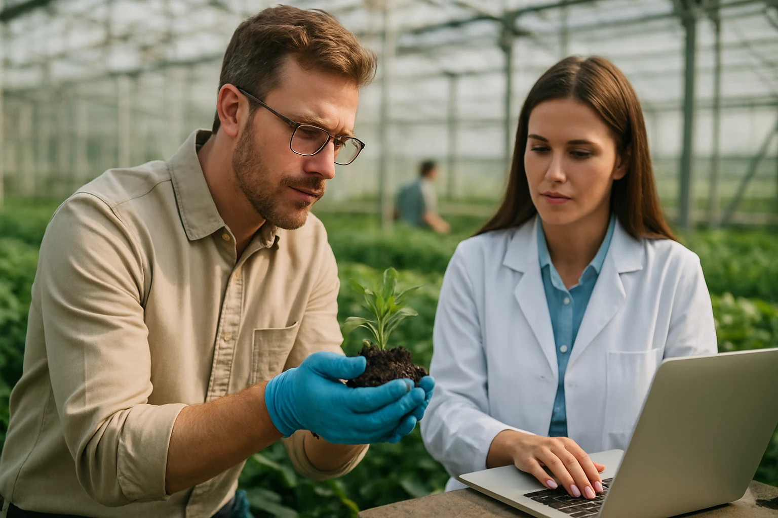 Ein Mann hält eine Pflanze mit Erde in den Händen, während eine Frau am Laptop arbeitet.