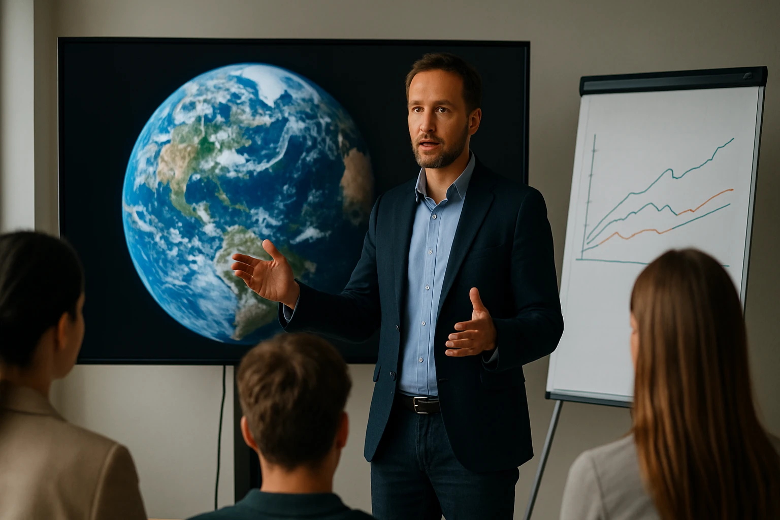 Ein Mann präsentiert vor einer Gruppe mit einem Bildschirm, der die Erde zeigt.