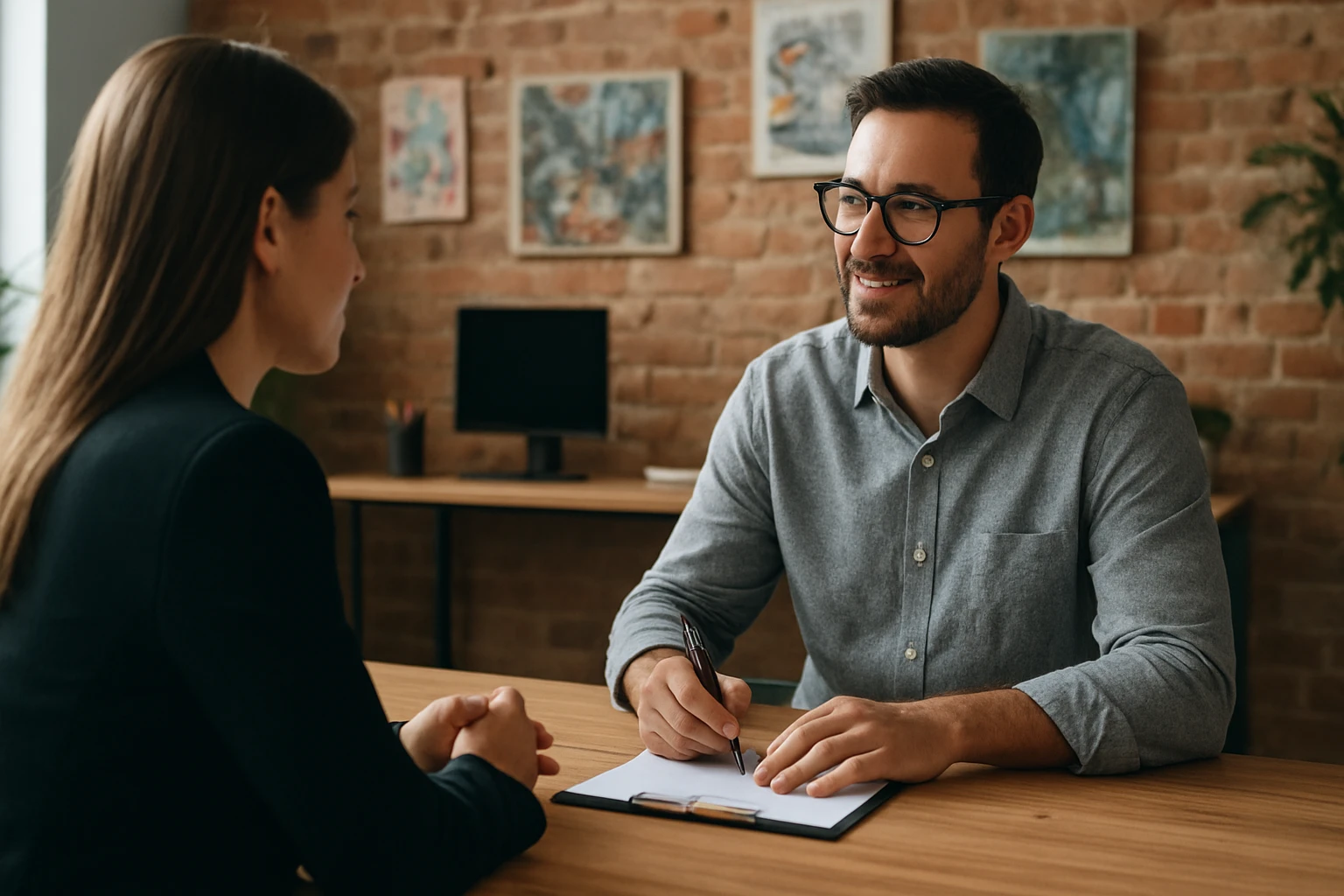Ein Mann und eine Frau sitzen an einem Tisch und diskutieren über Diagramme auf einem Laptop.