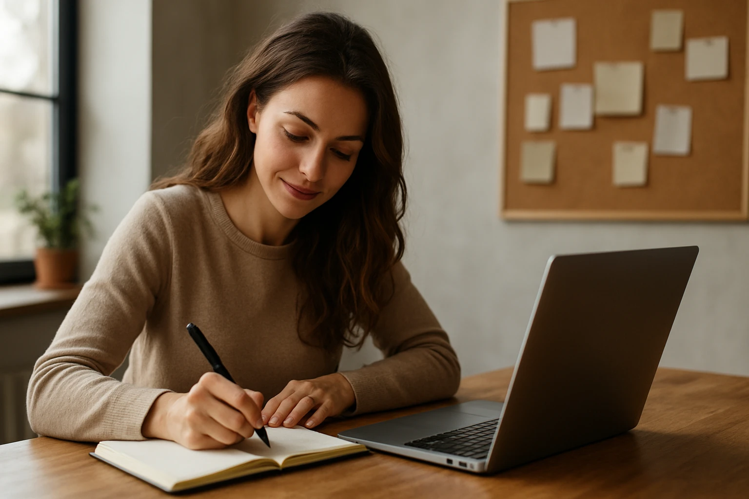 Eine Frau sitzt an einem Tisch und schreibt in ein Notizbuch, während ein Laptop neben ihr steht.