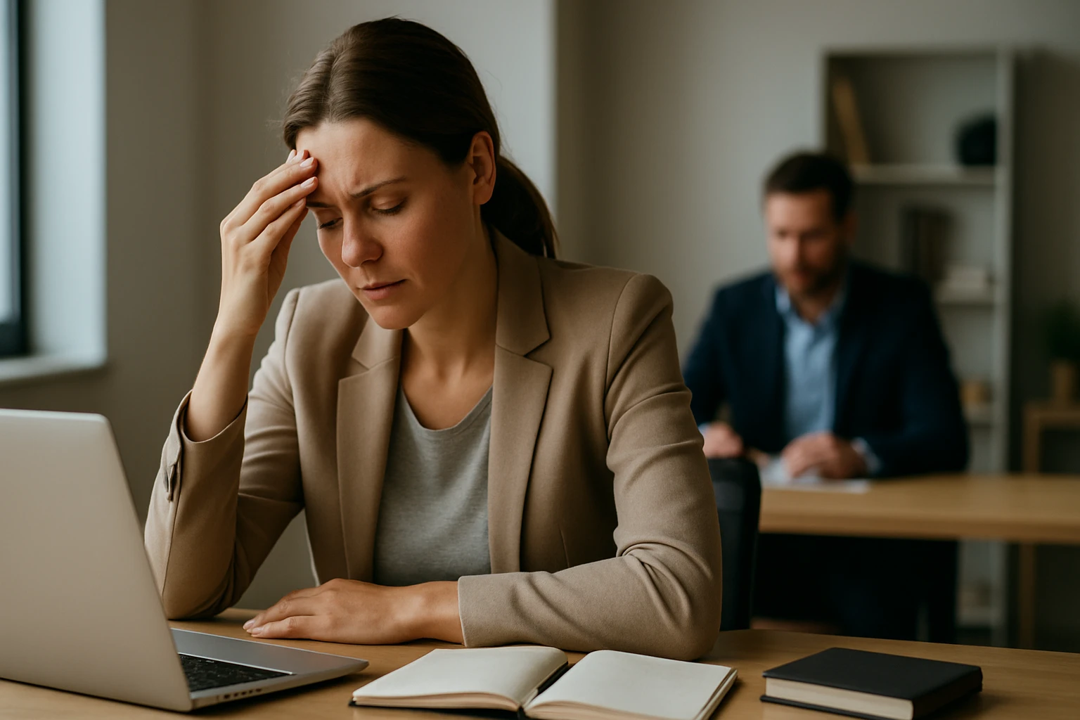 Ein Mann im Anzug spricht mit einer Frau in einem Büro, während sie auf einen Laptop mit Diagrammen schauen.