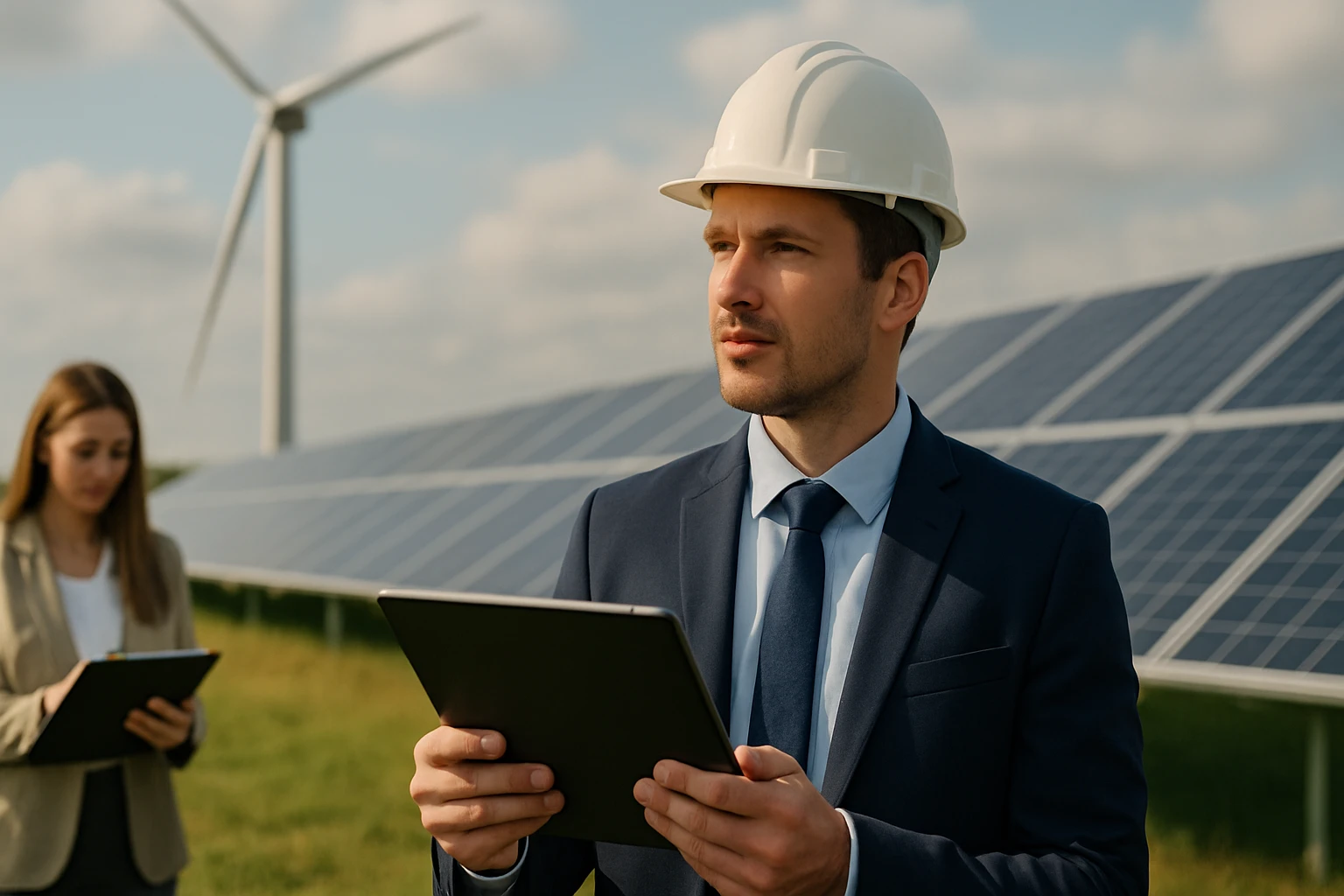 Ein Mann in Anzug und Brille spricht mit einer Frau in einem Büro.