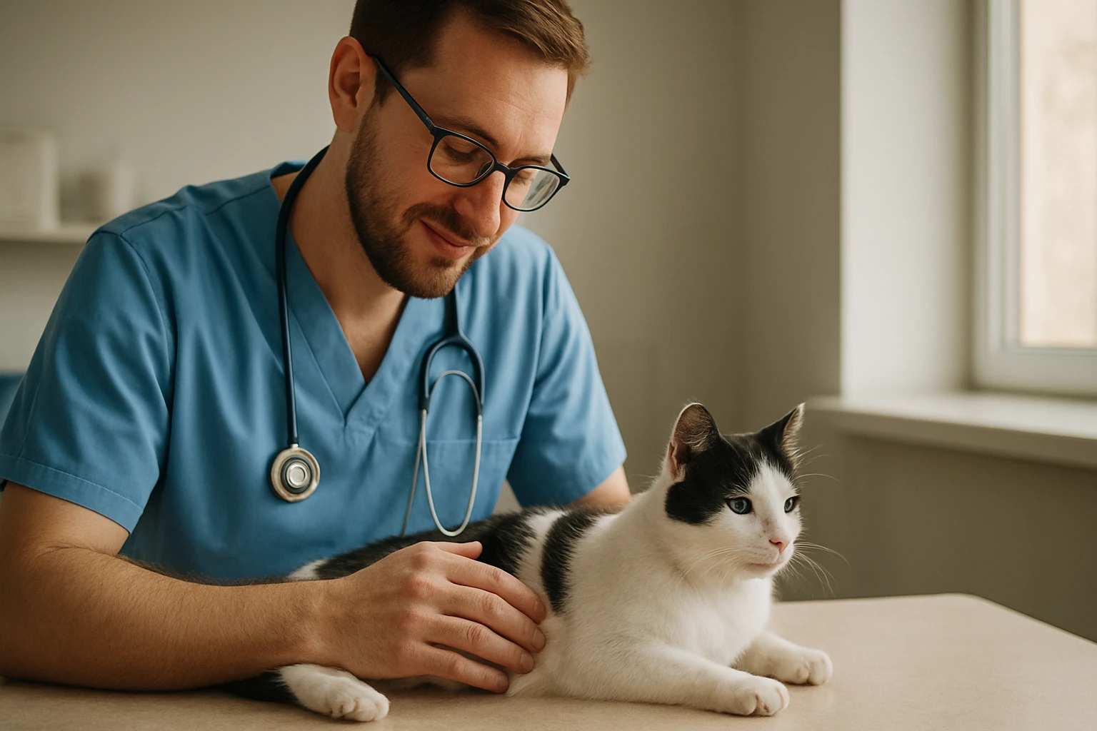 Ein Mann in Anzug und Brille spricht mit einer Frau in einem Büro.