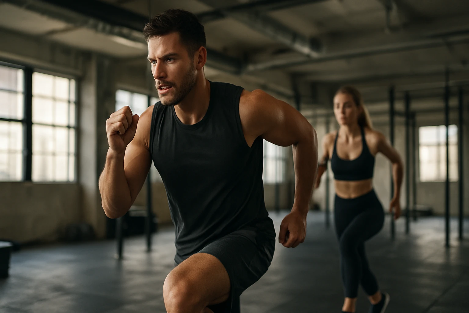Ein Mann und eine Frau führen ein Gespräch am Tisch mit Laptop und Dokumenten.