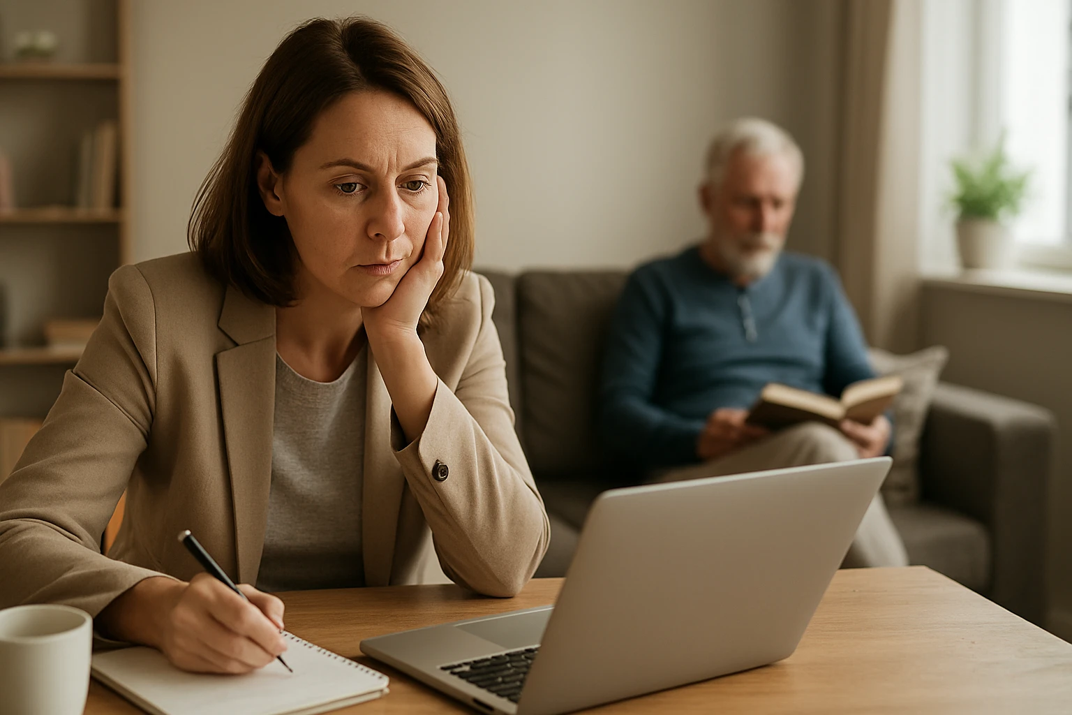Ein Sicherheitsmitarbeiter steht aufmerksam in einem modernen Büro.