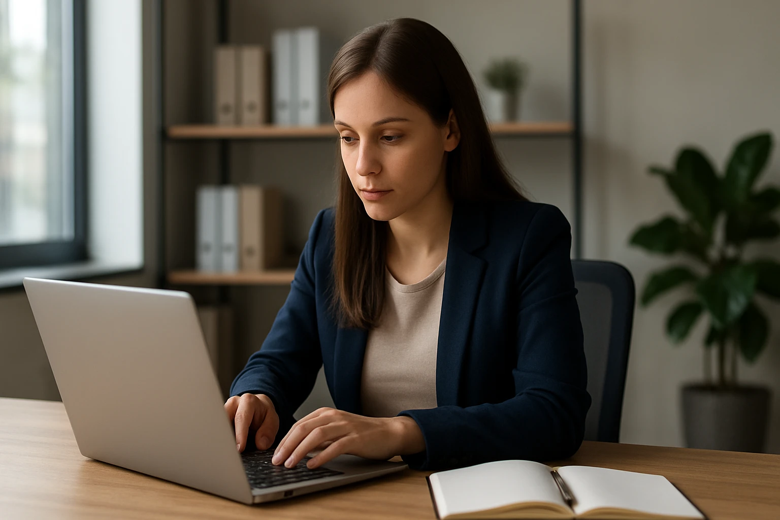 Ein Sicherheitsmitarbeiter steht aufmerksam in einem modernen Büro, während eine Frau am Laptop arbeitet.