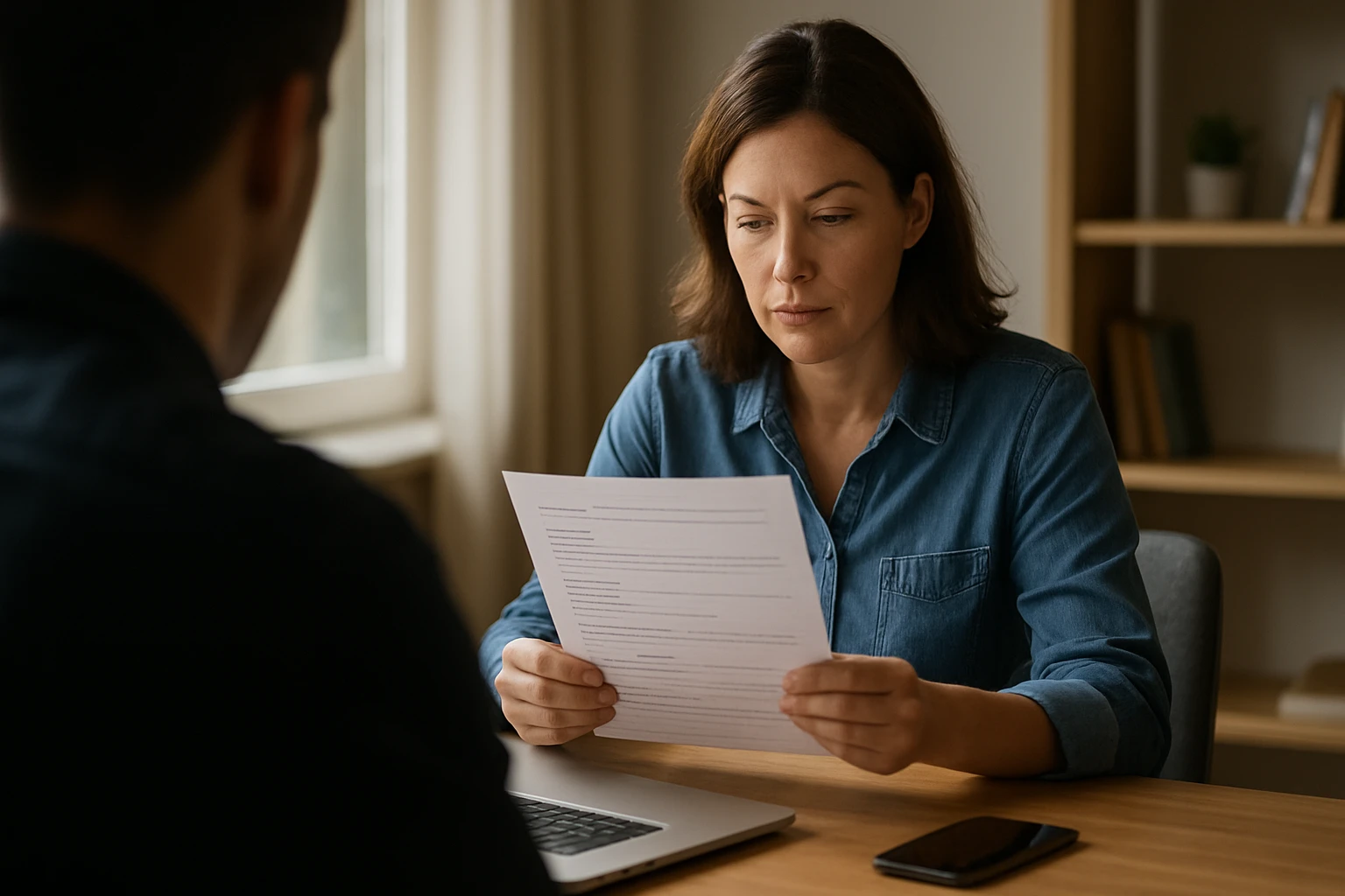 Ein Sicherheitsmitarbeiter steht aufmerksam in einem modernen Büro, während eine Frau am Laptop arbeitet.