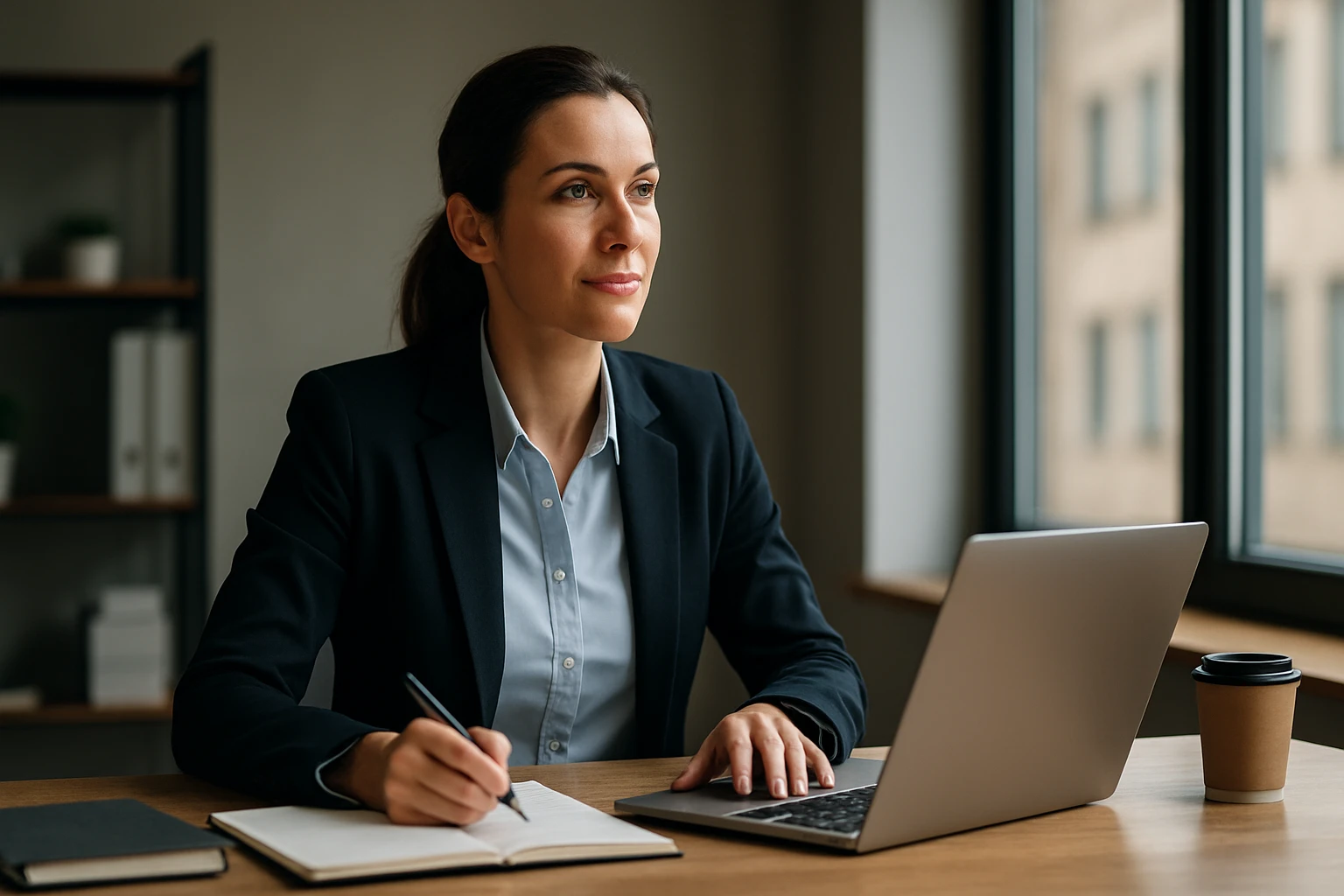 Ein Sicherheitsmitarbeiter steht aufmerksam in einem modernen Büro, während eine Frau am Laptop arbeitet.