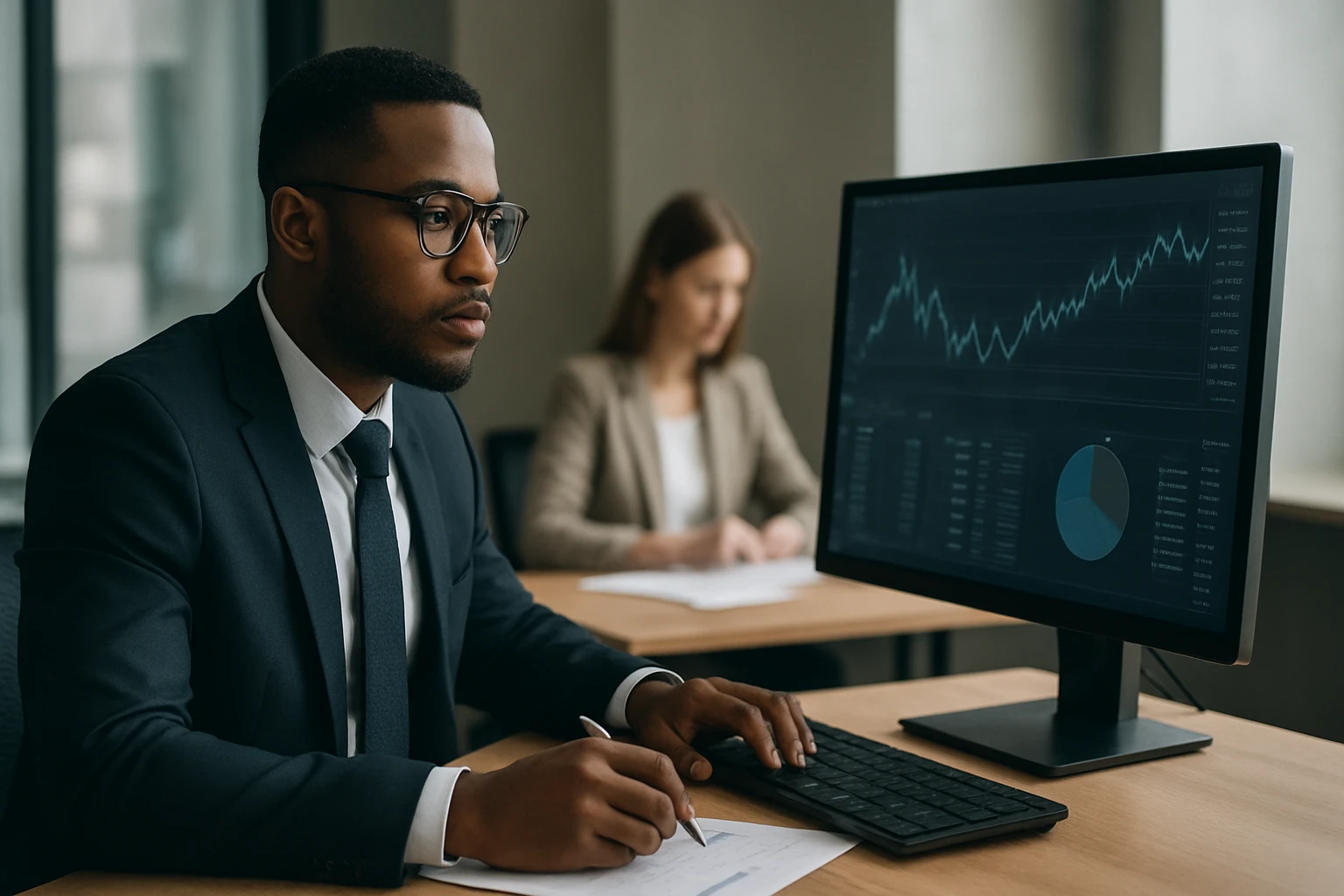 Ein Sicherheitsmitarbeiter steht aufmerksam in einem modernen Büro, während eine Frau am Laptop arbeitet.