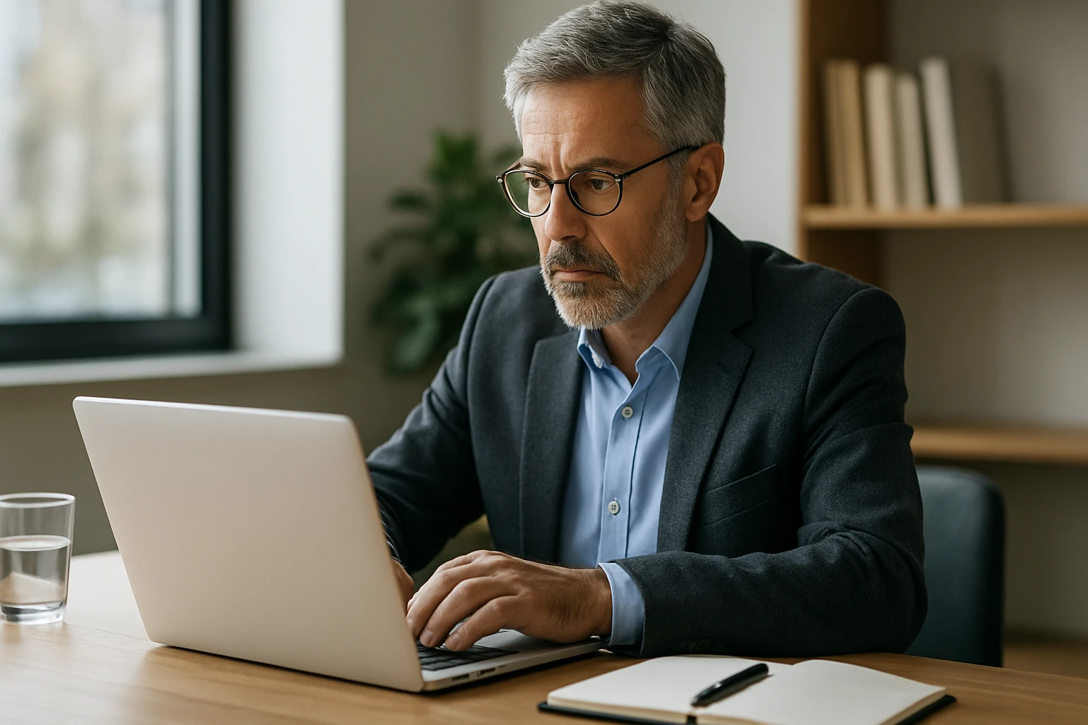 Ein Sicherheitsmitarbeiter steht aufmerksam in einem modernen Büro, während eine Frau am Laptop arbeitet.