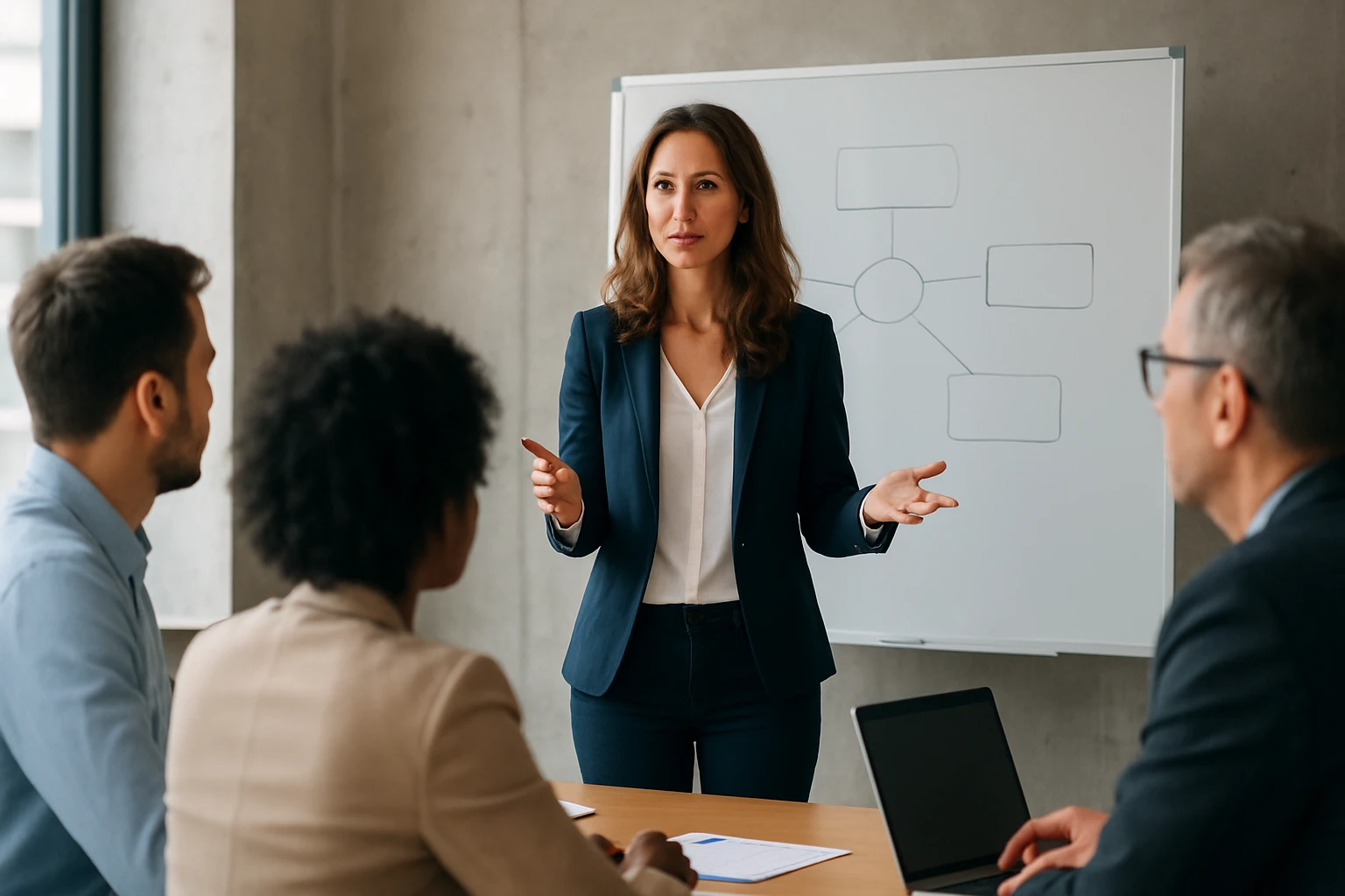 Ein Sicherheitsmitarbeiter steht aufmerksam in einem modernen Büro, während eine Frau am Laptop arbeitet.